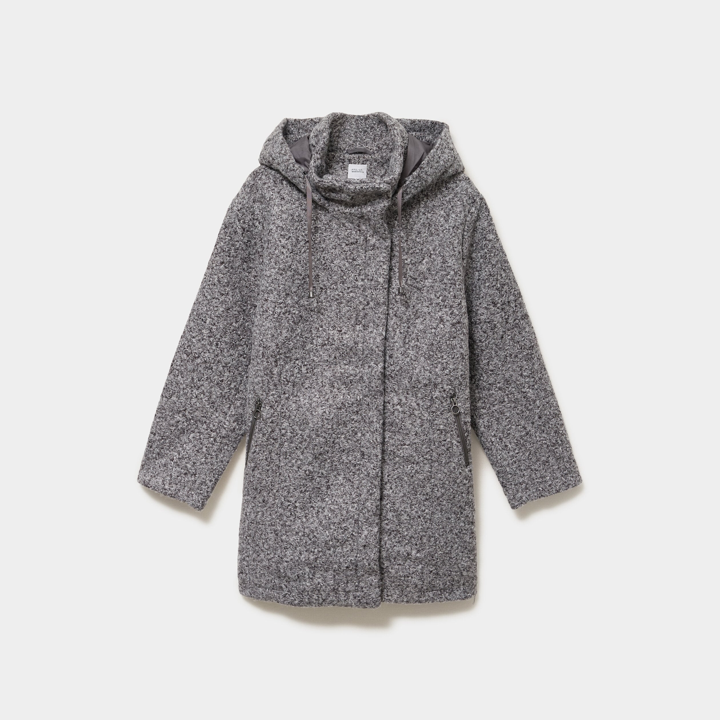 Manteau aspect bouclette &agrave; capuche gris femme grande taille