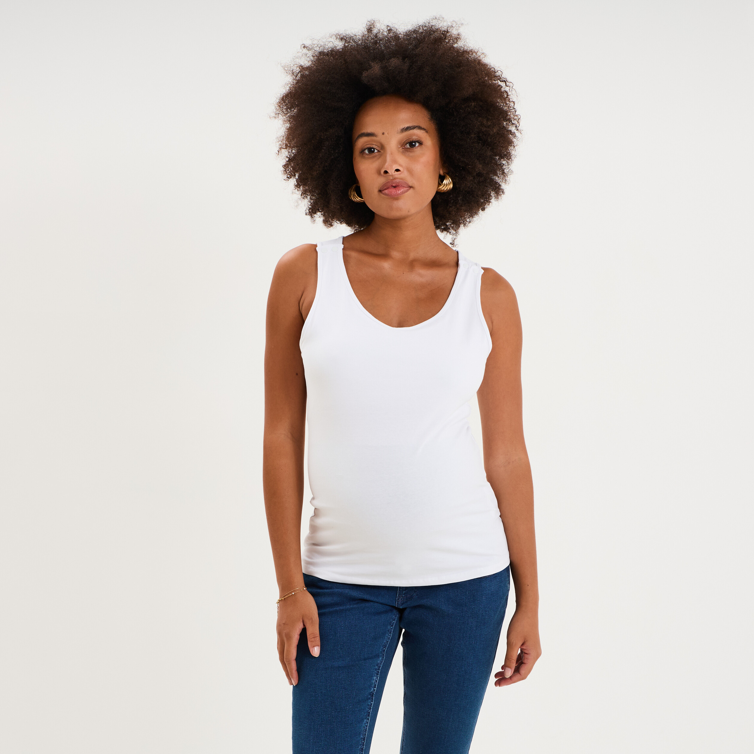 D&eacute;bardeur allaitement col rond stretch blanc femme maternit&eacute;