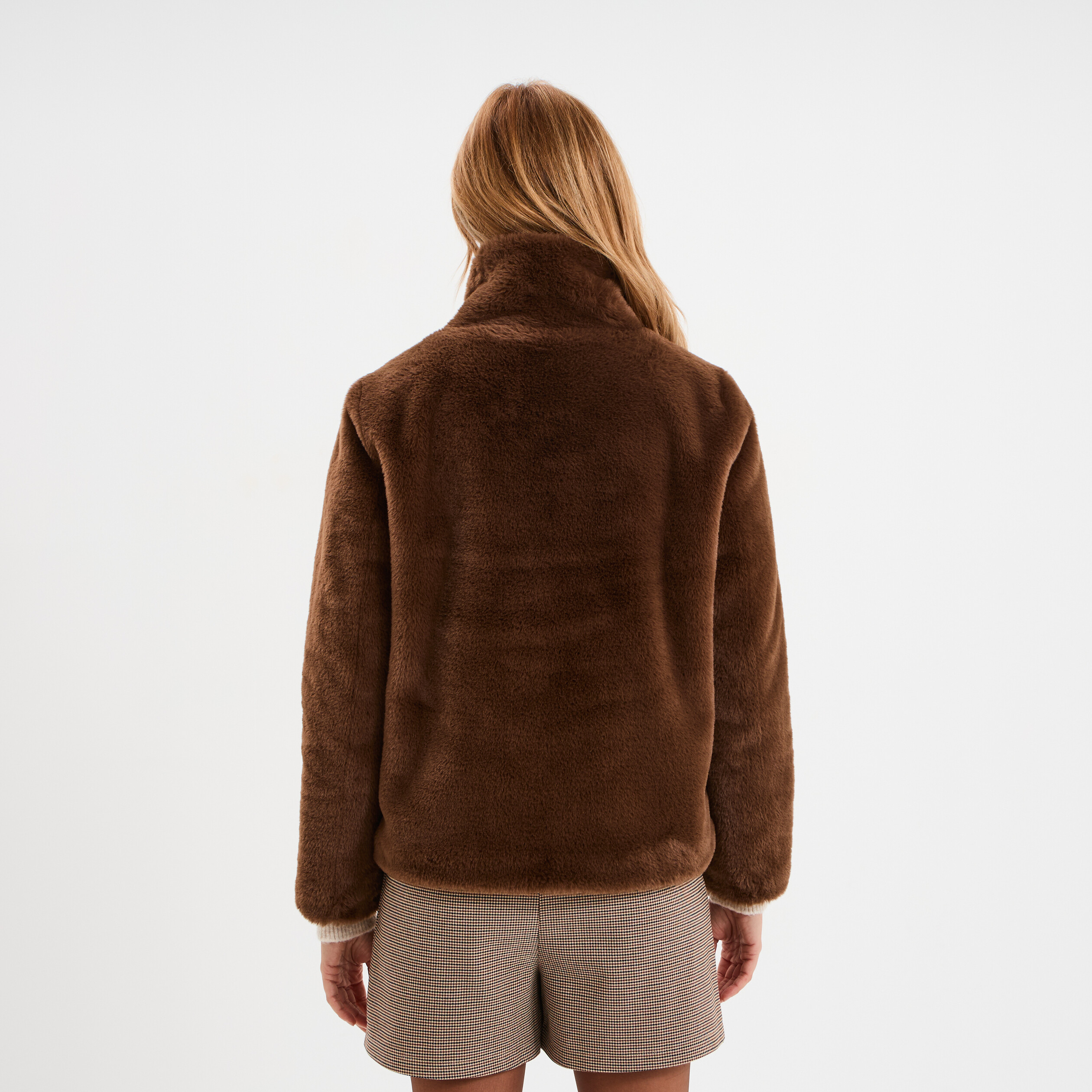 Veste fausse fourrure col montant marron femme