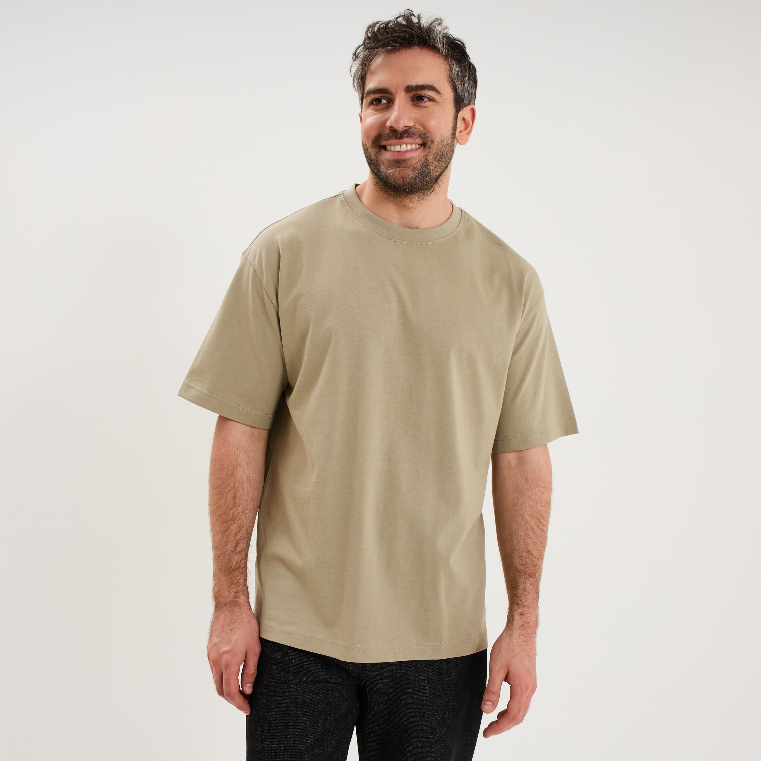 T-shirt col rond coupe relax coton &eacute;pais vert kaki homme