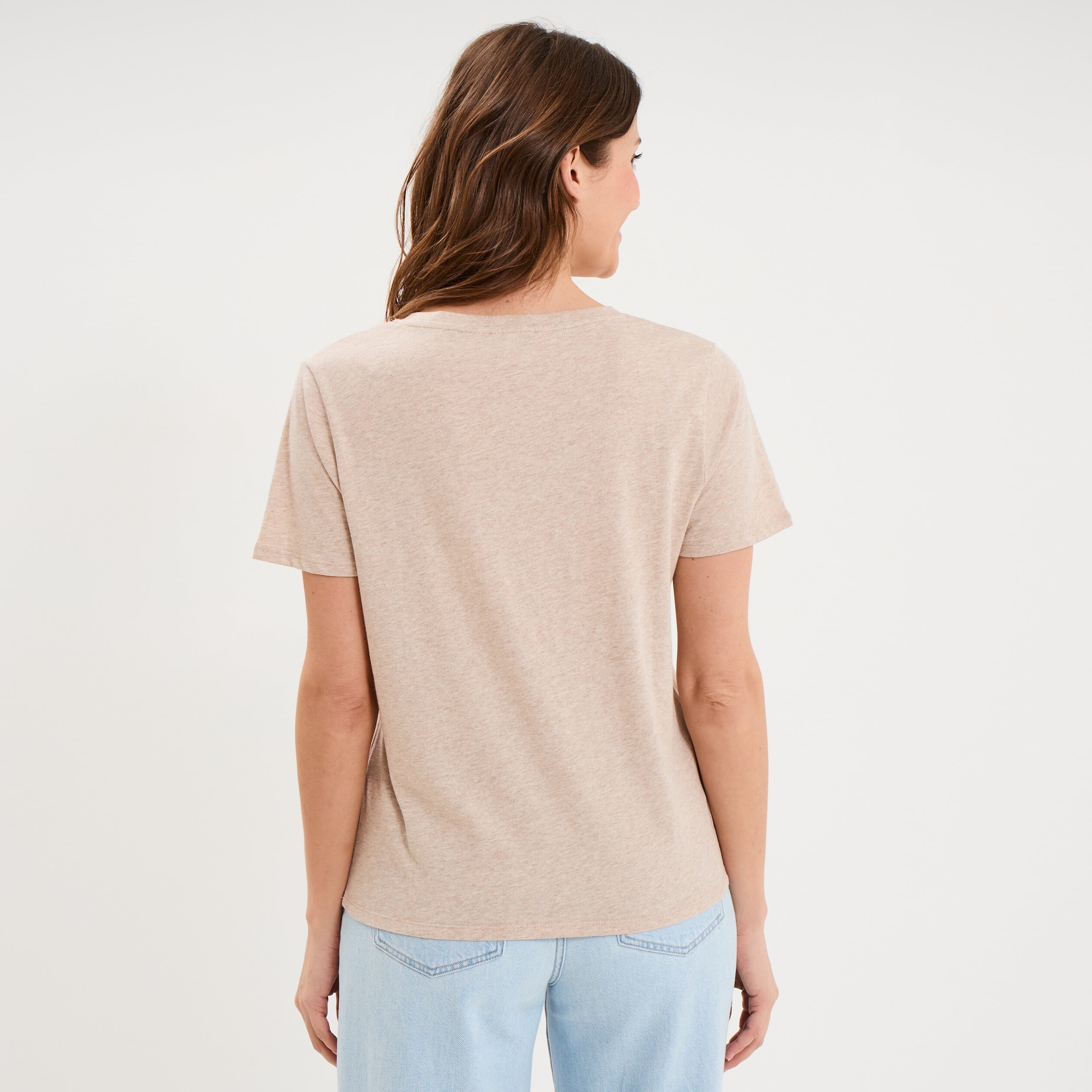 T-shirt manches courtes col en V coton beige femme