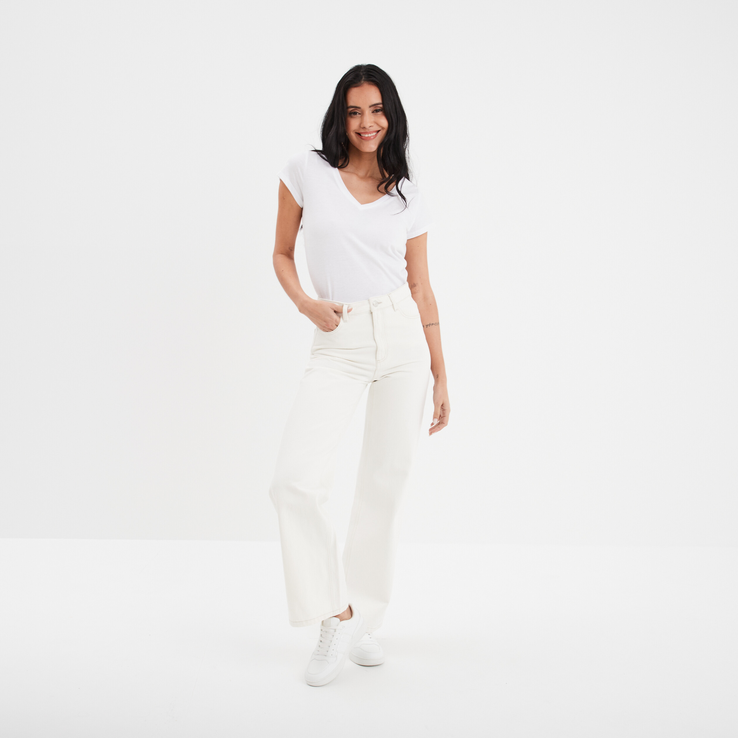jeans wide leg taille haute coton ivoire femme Jeans wide leg taille haute coton ivoire femme