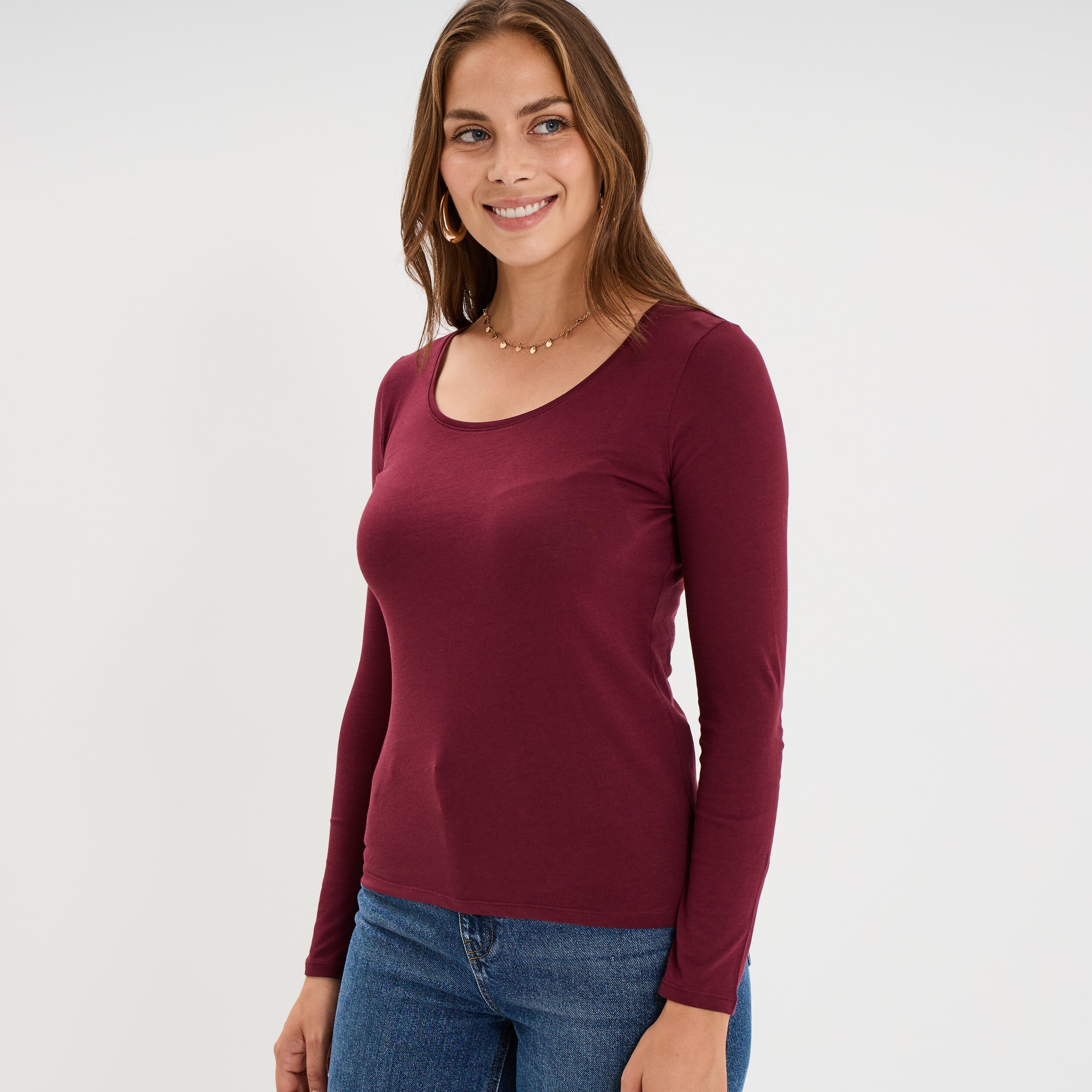 T-shirt coton col rond manches longues bordeaux femme