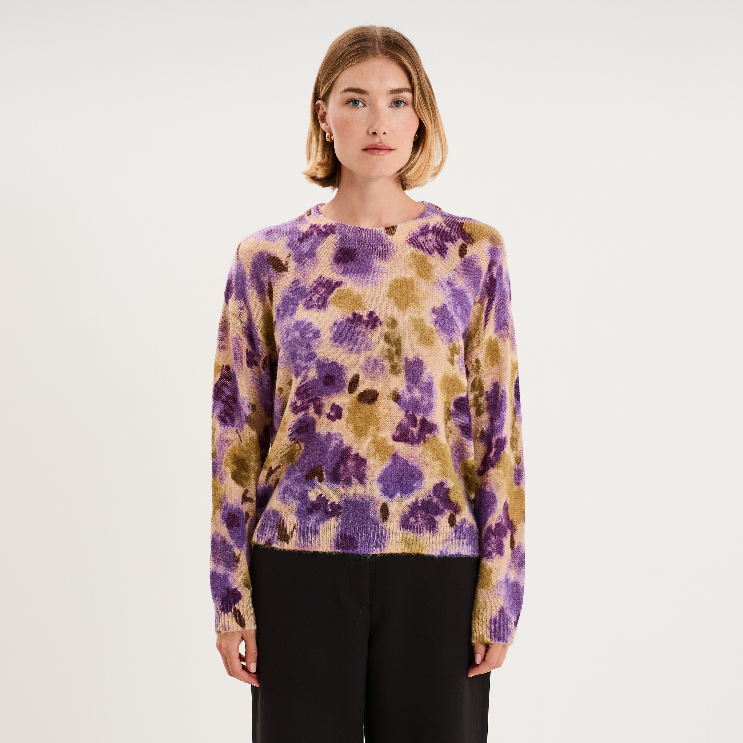 Pull col rond manches longues relax beige femme