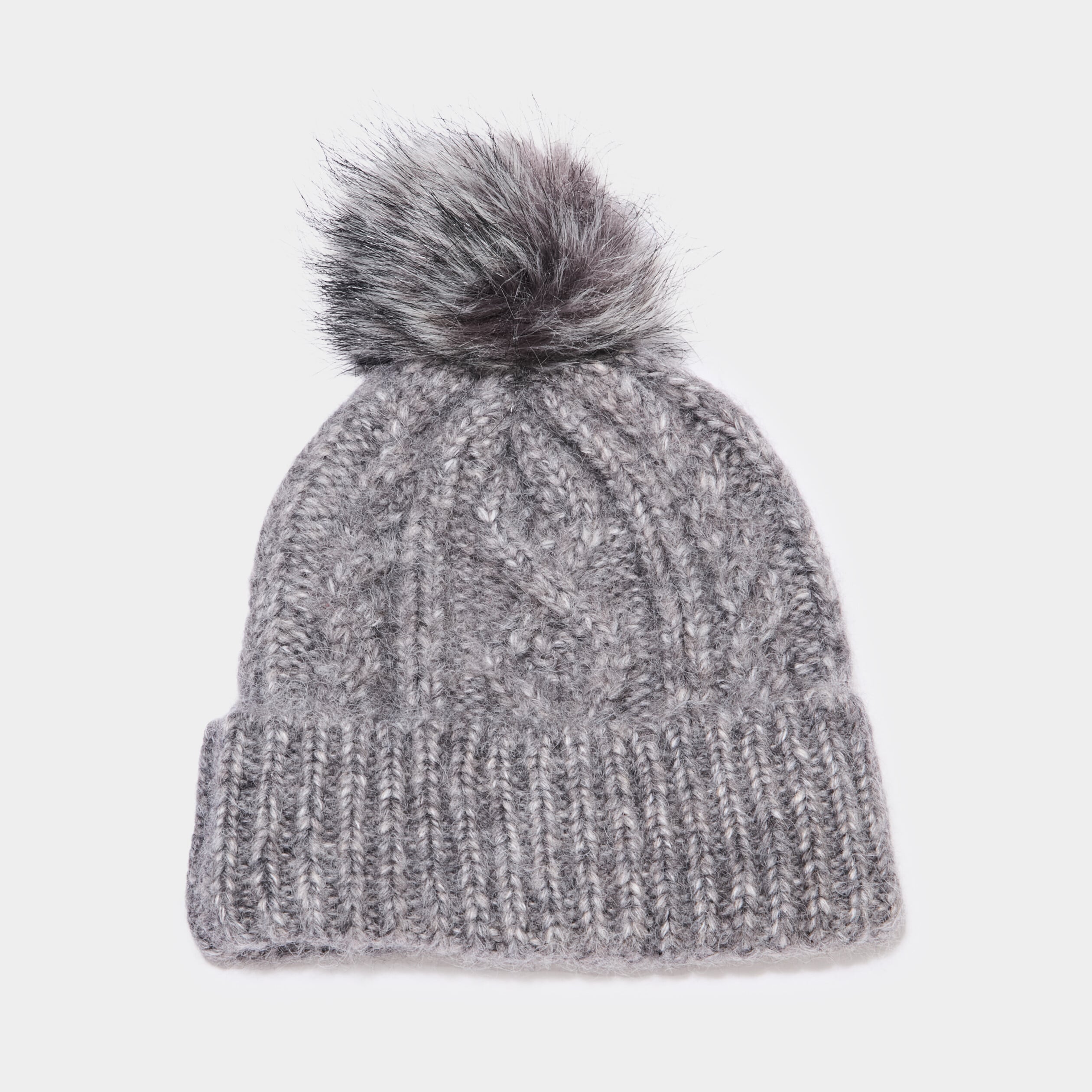 Bonnet &agrave; torsades et pompon gris fonc&eacute; femme
