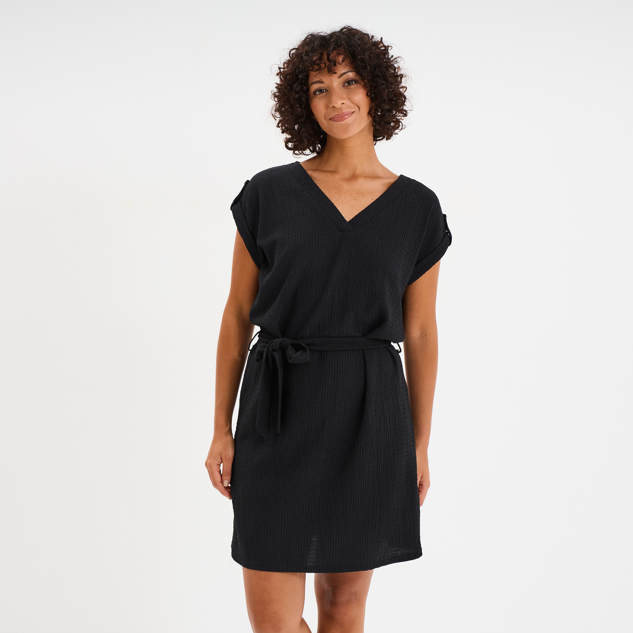 robe effet gaufre manches courtes noir femme Robe effet gaufré manches courtes noir femme