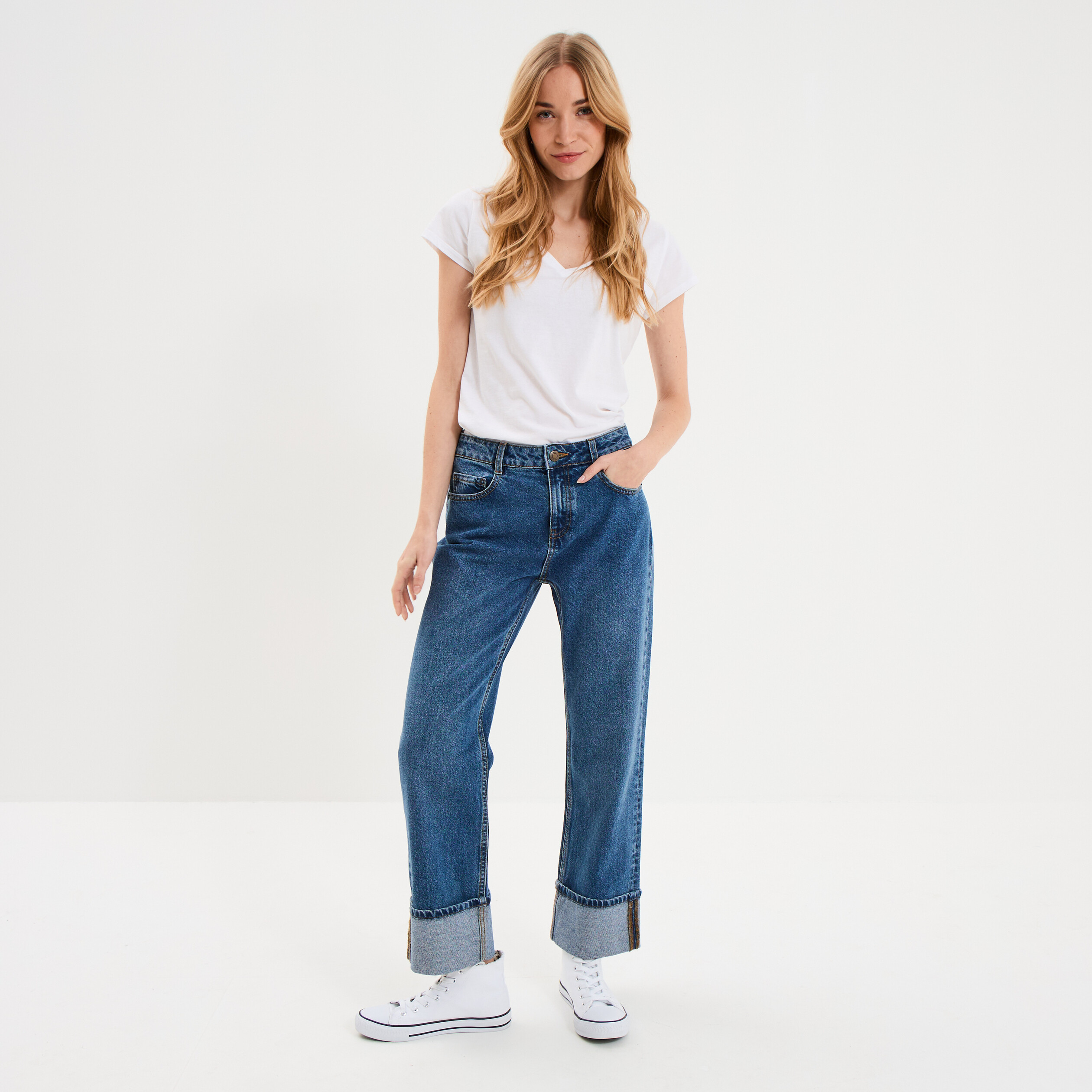 Jean droit cropped bas revers denim stone femme