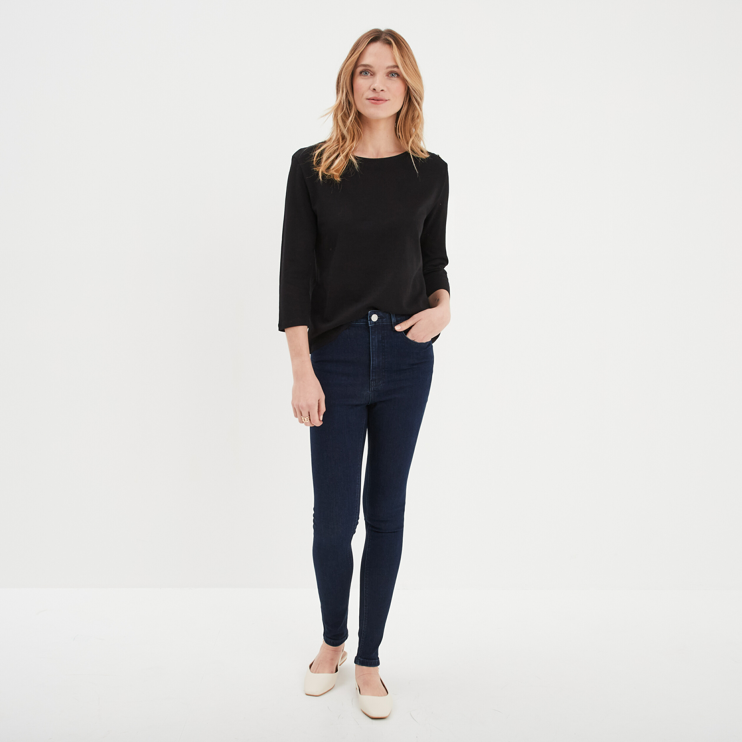 t shirt manches 34 col rond coton noir femme T-shirt manches 3/4 col rond coton noir femme