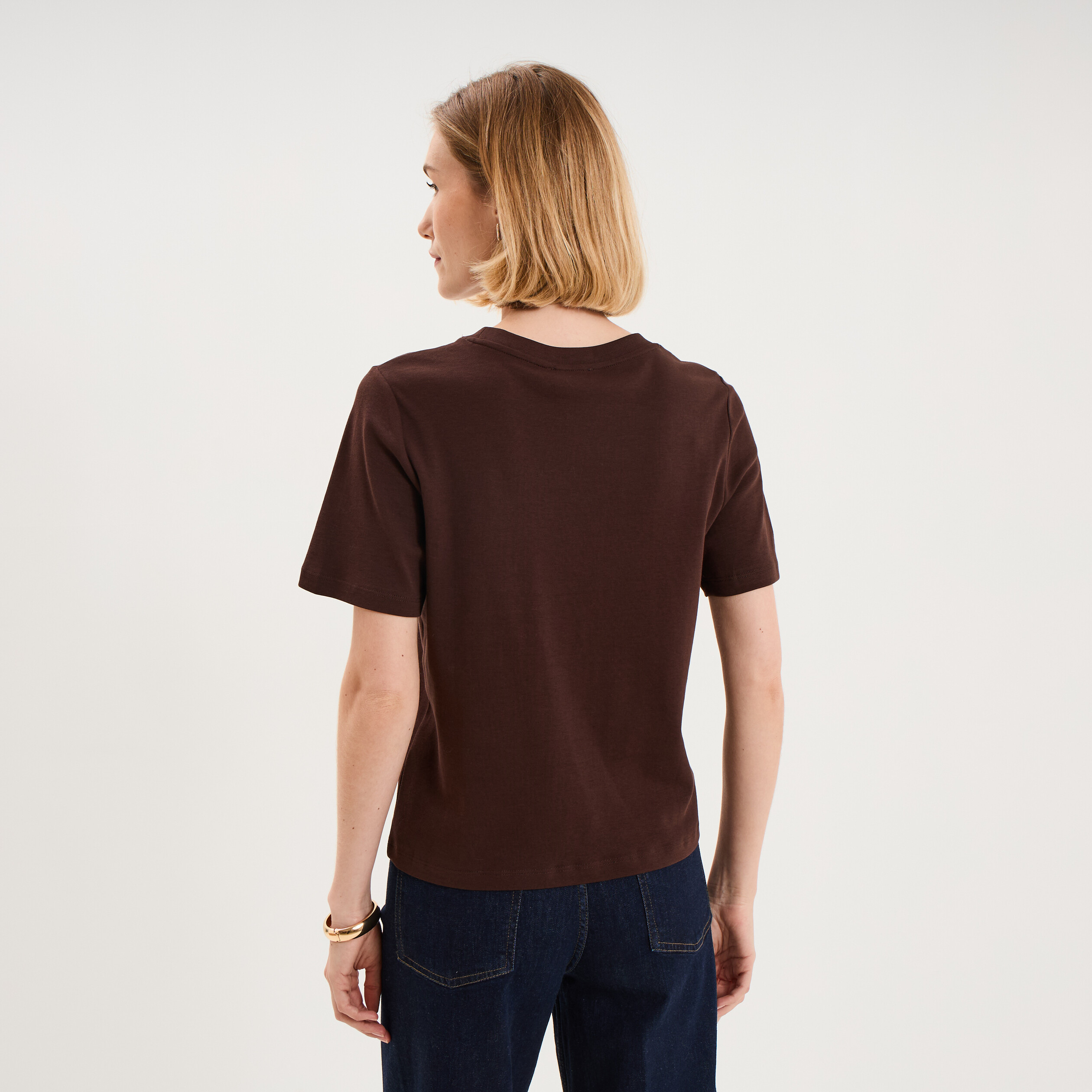 T-shirt manches courtes col rond coton marron fonc&eacute; femme