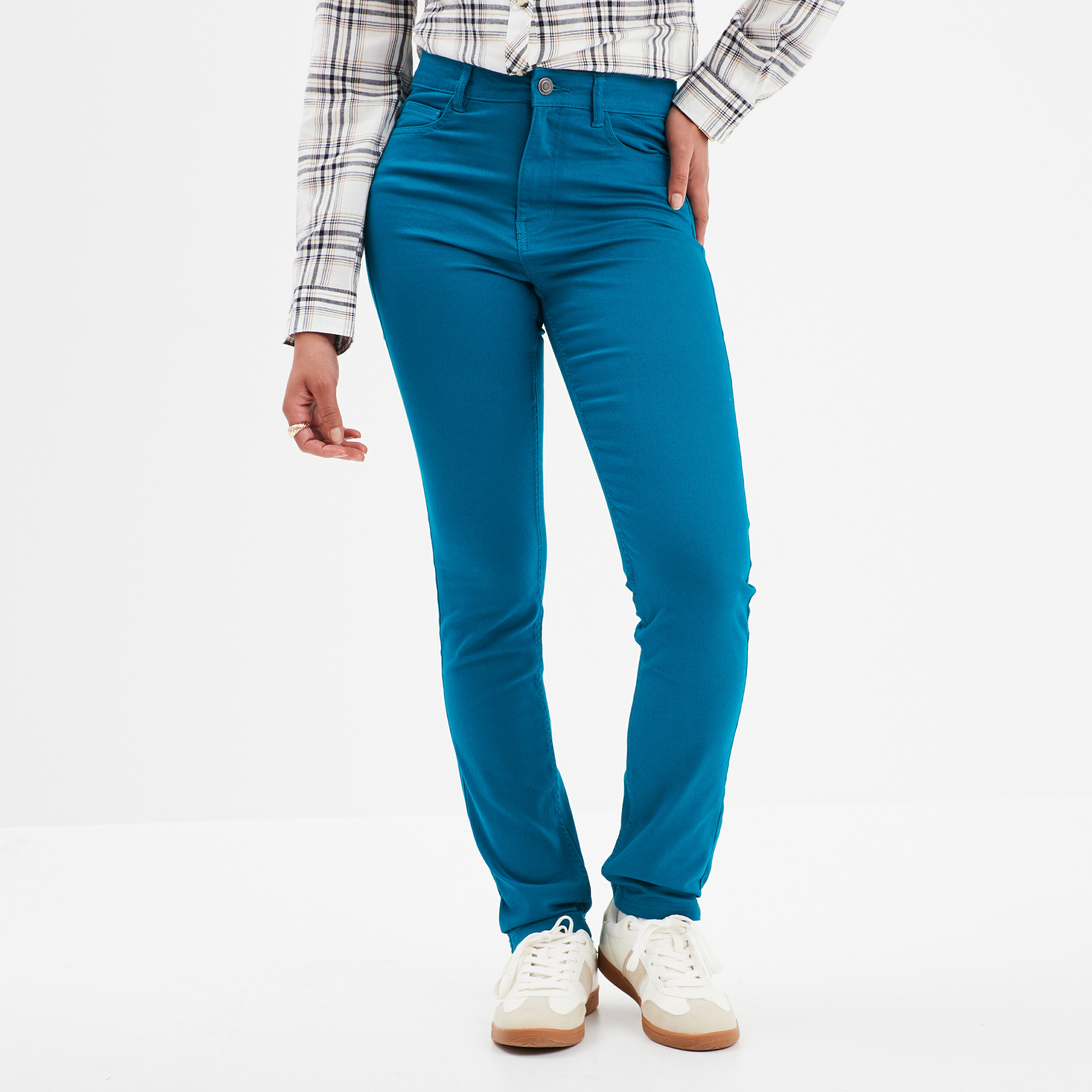 pantalon slim en coton elasthanne bleu canard femme Pantalon slim en coton elasthanne bleu canard femme
