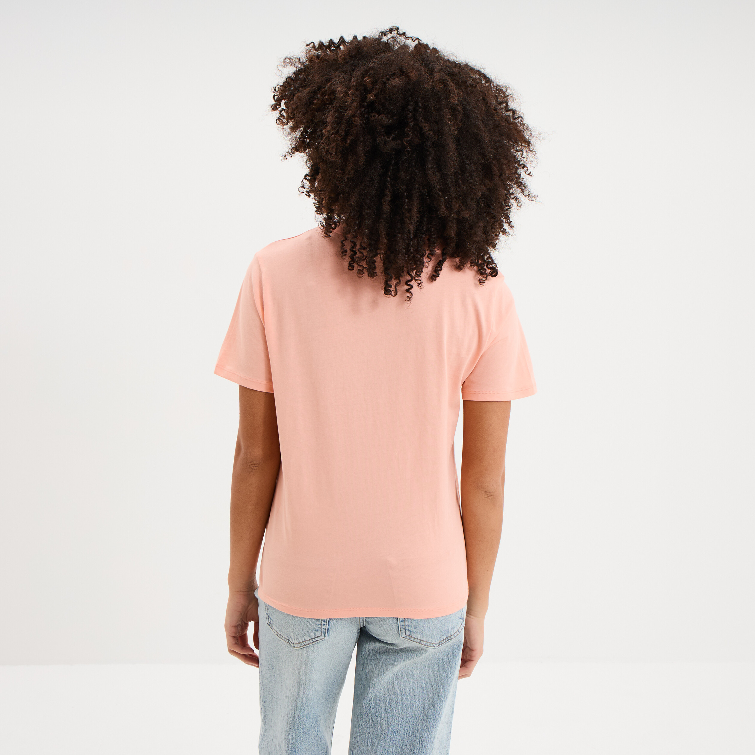 T-shirt col rond manches courtes coton rose poudr&eacute;e femme