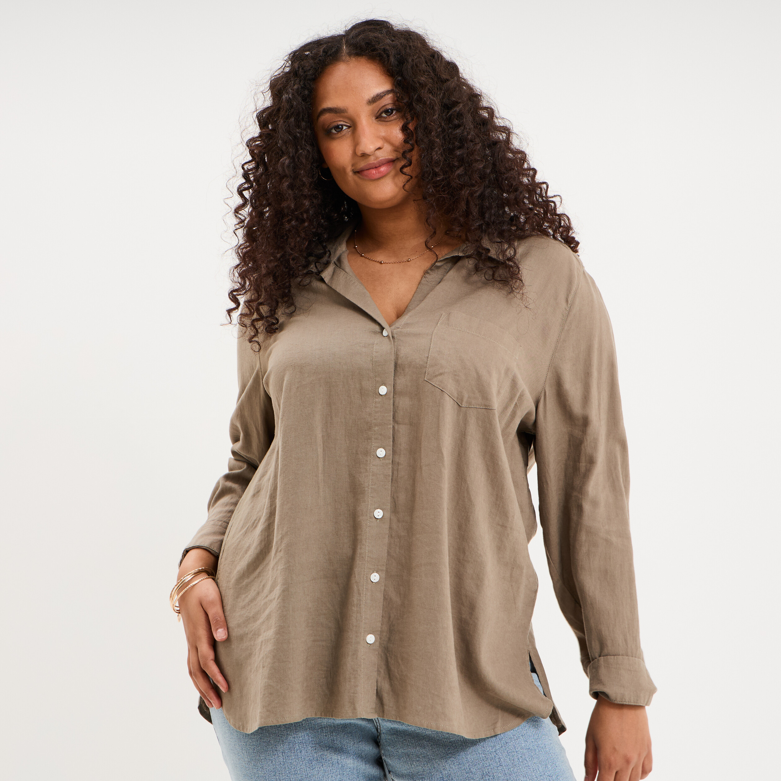 Chemise oversize lin m&eacute;lang&eacute; vert kaki femme grande taille