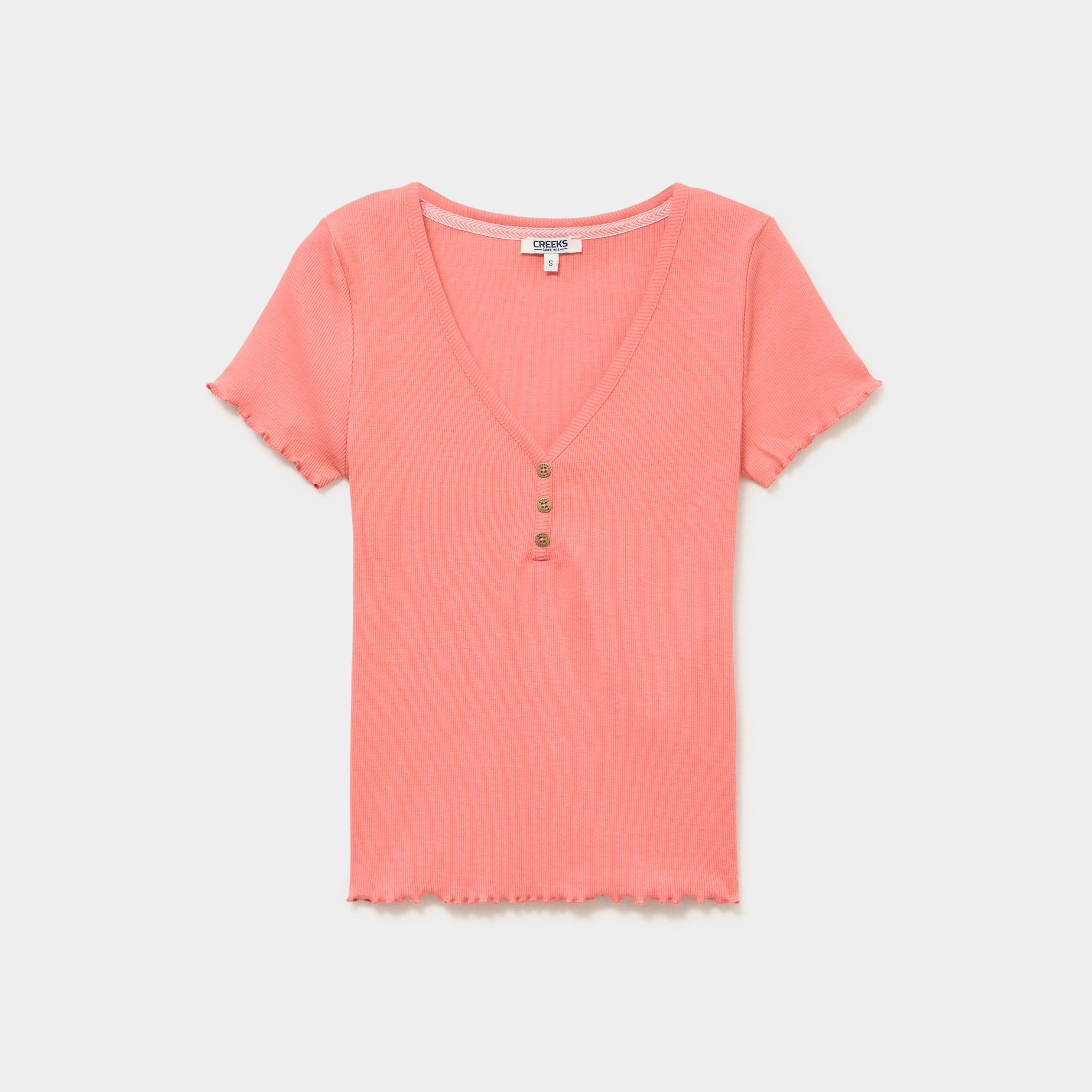 T-shirt ajust&eacute; col en V avec boutons vieux rose femme