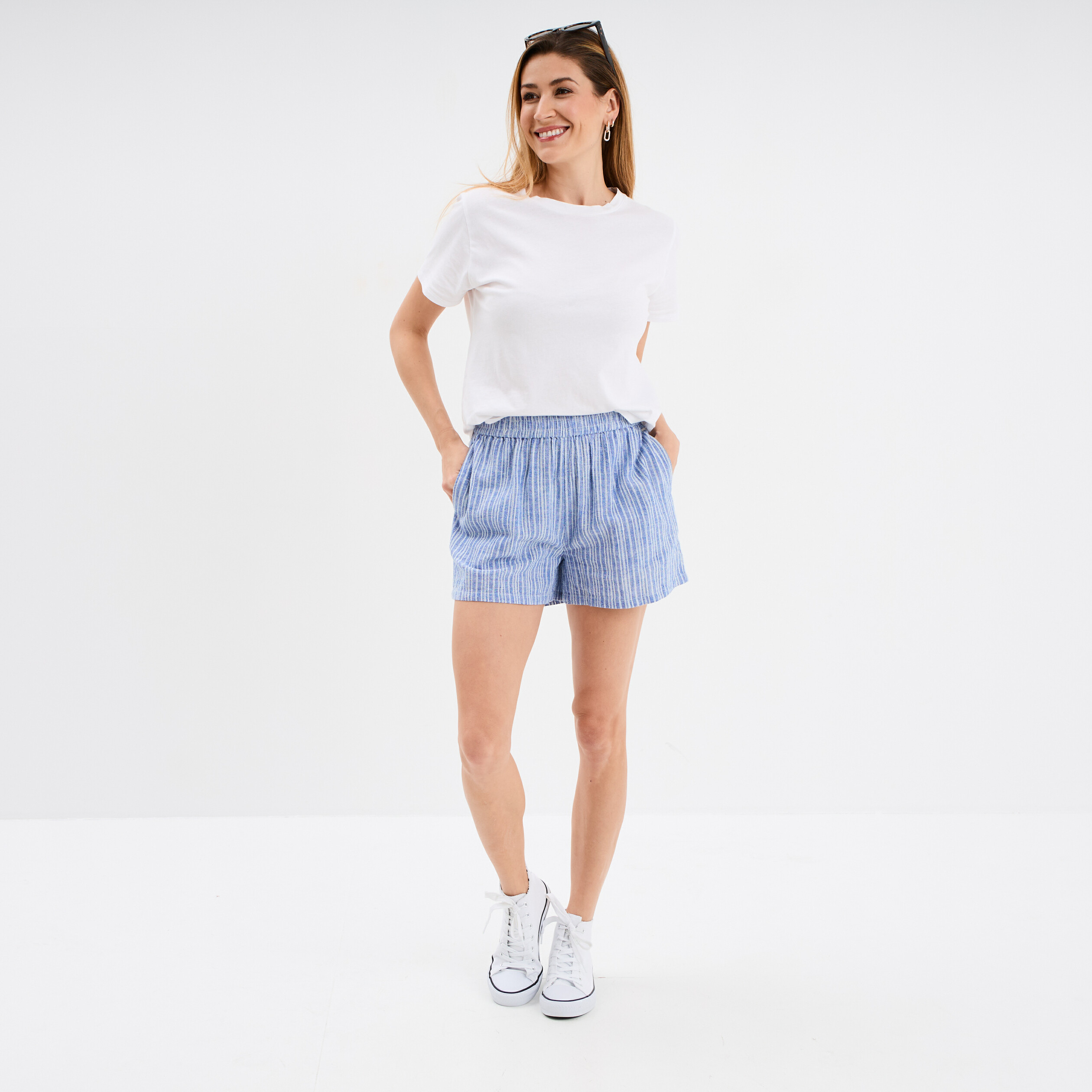 Short fluide coton lin taille élastiquée bleu femme