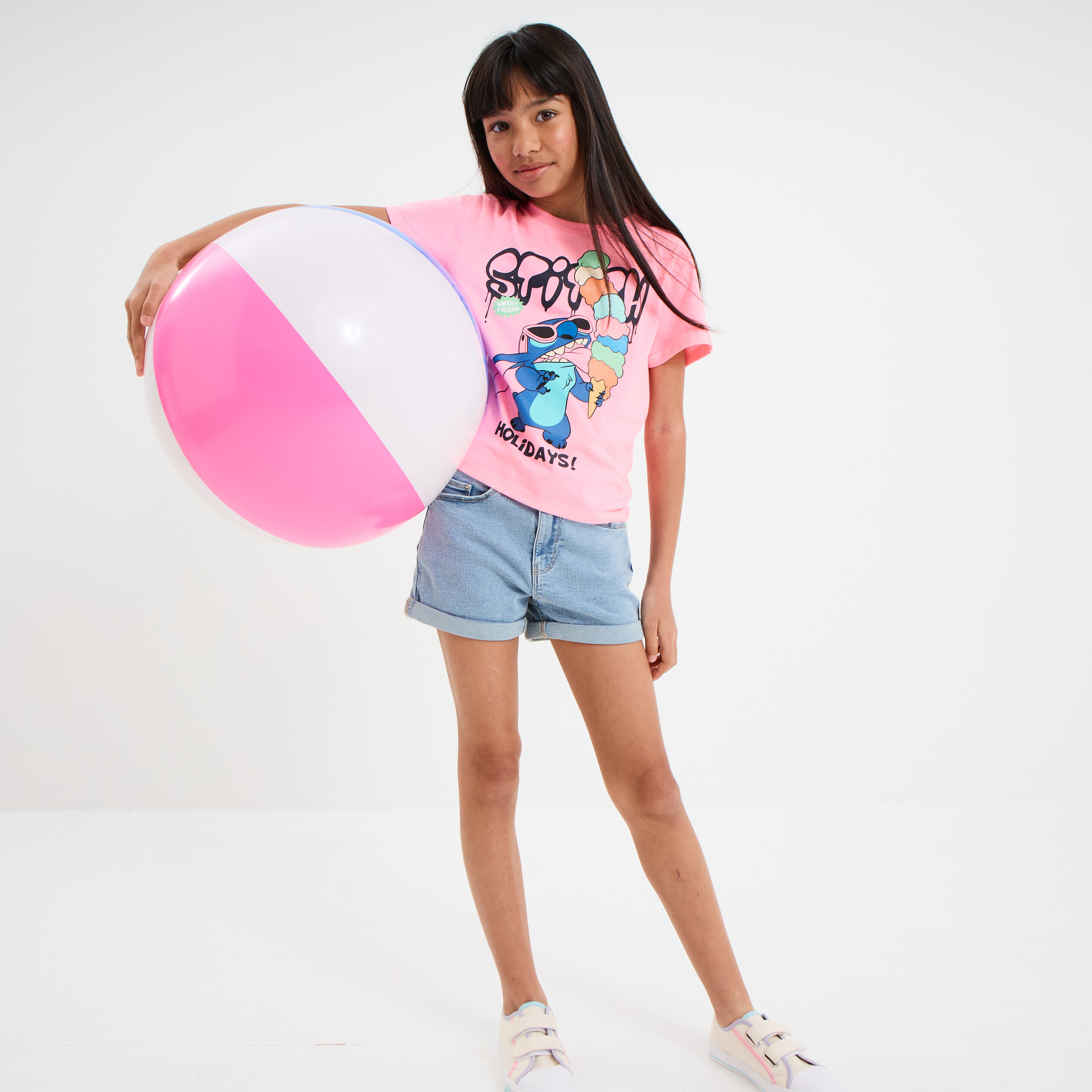 t shirt manches courtes stitch rose fluo fille T-shirt manches courtes Stitch rose fluo fille