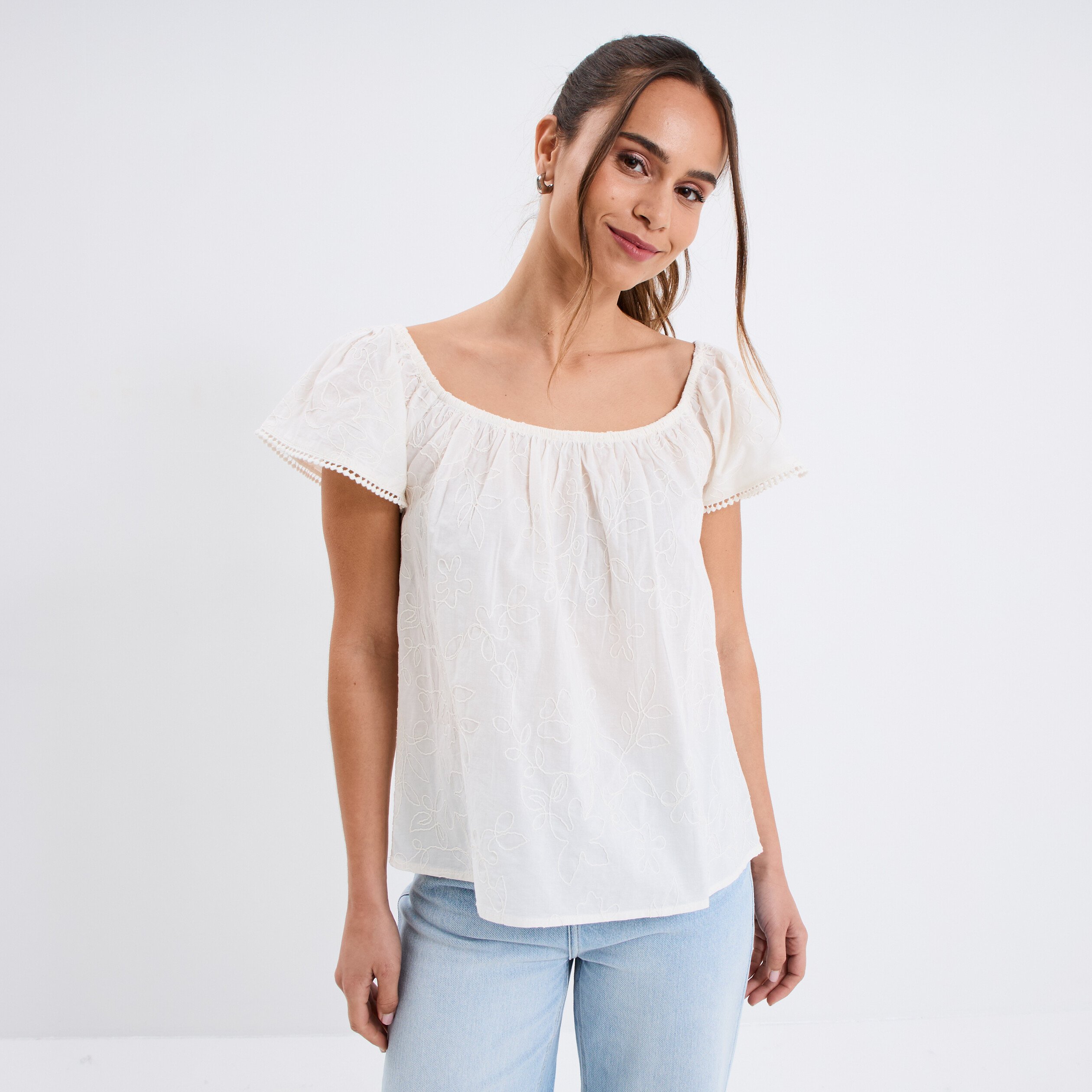 Blouse brodée col bardot coton creme femme
