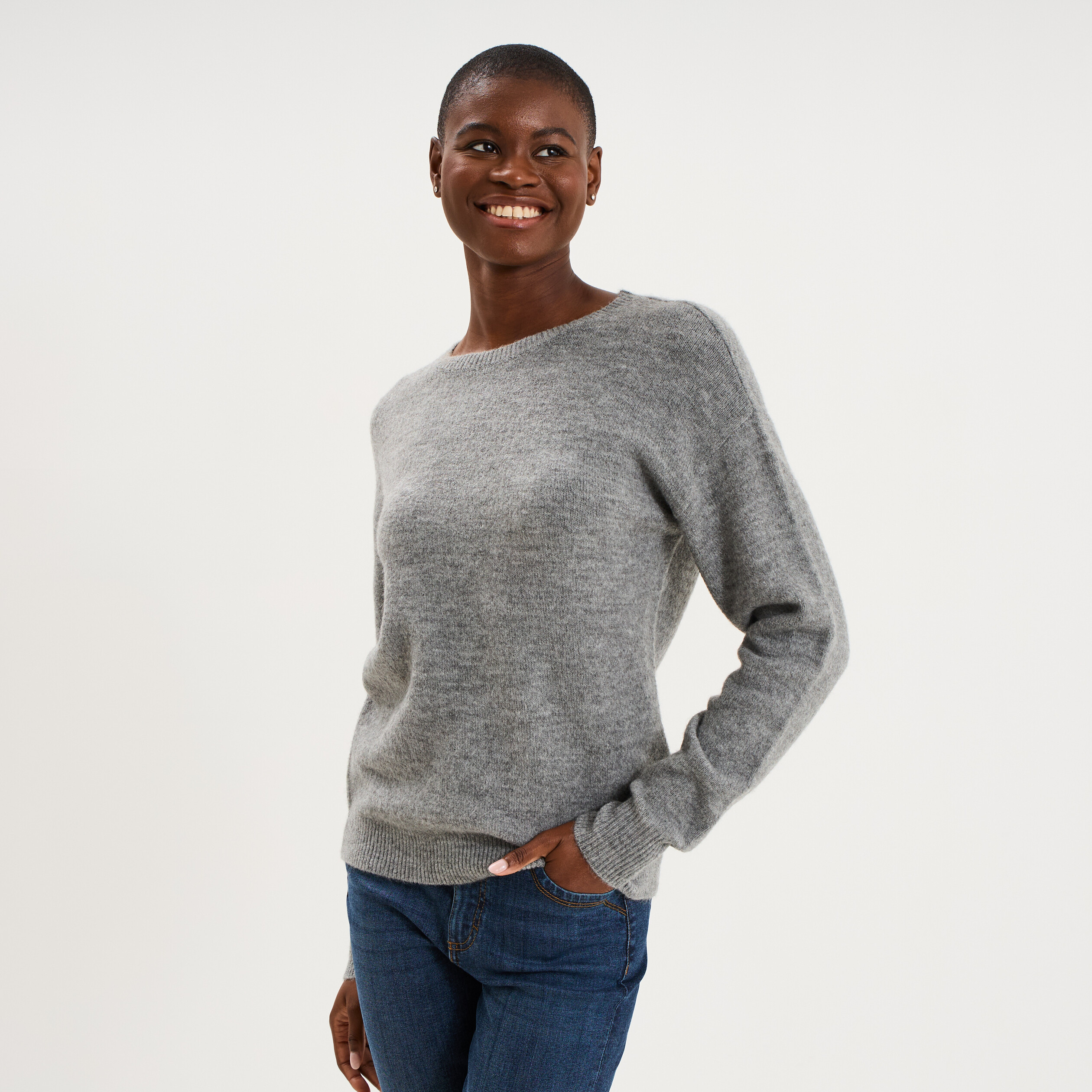 Pull col rond manches longues gris clair femme