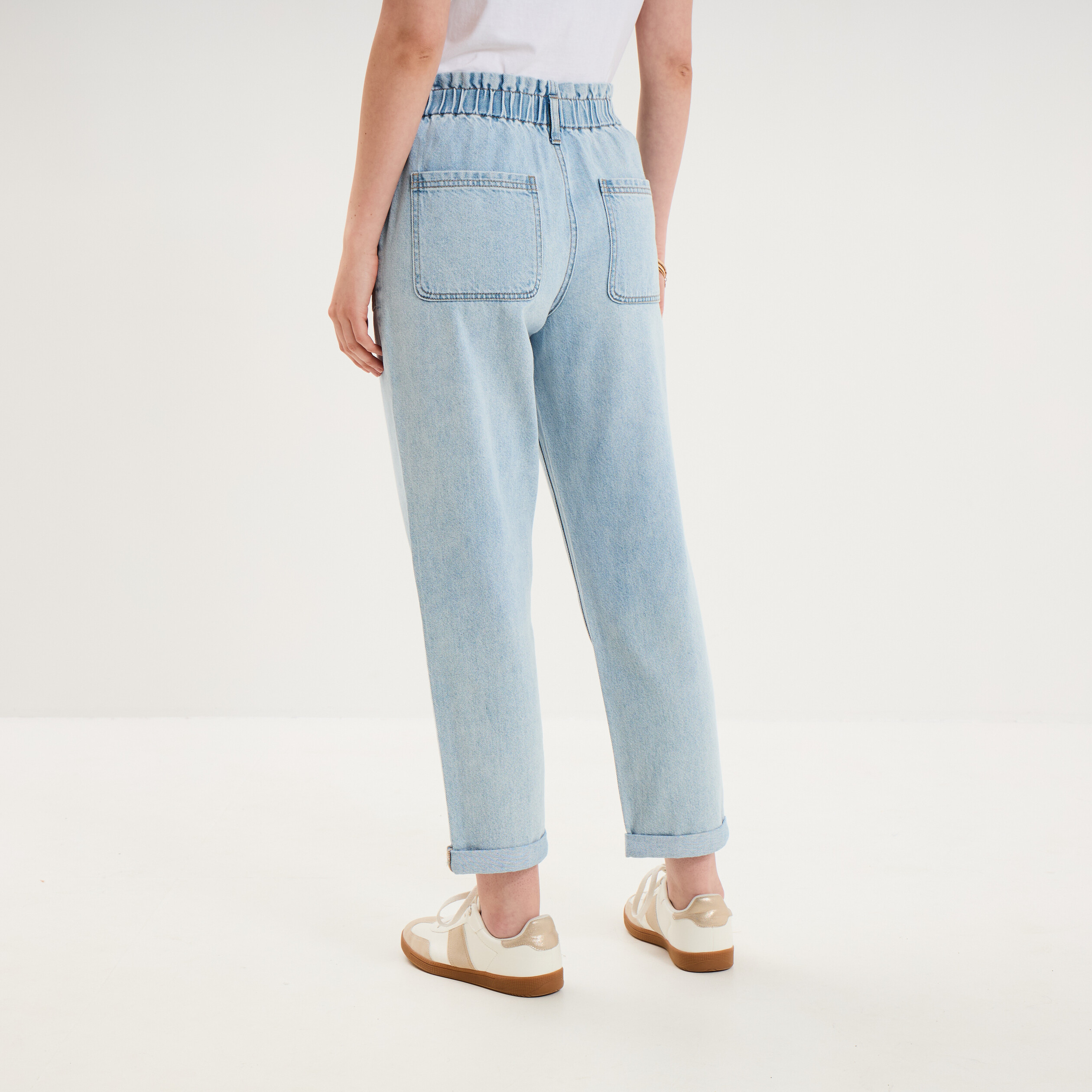 Jean paperbag cropped taille &eacute;lastiqu&eacute;e denim triple stone femme