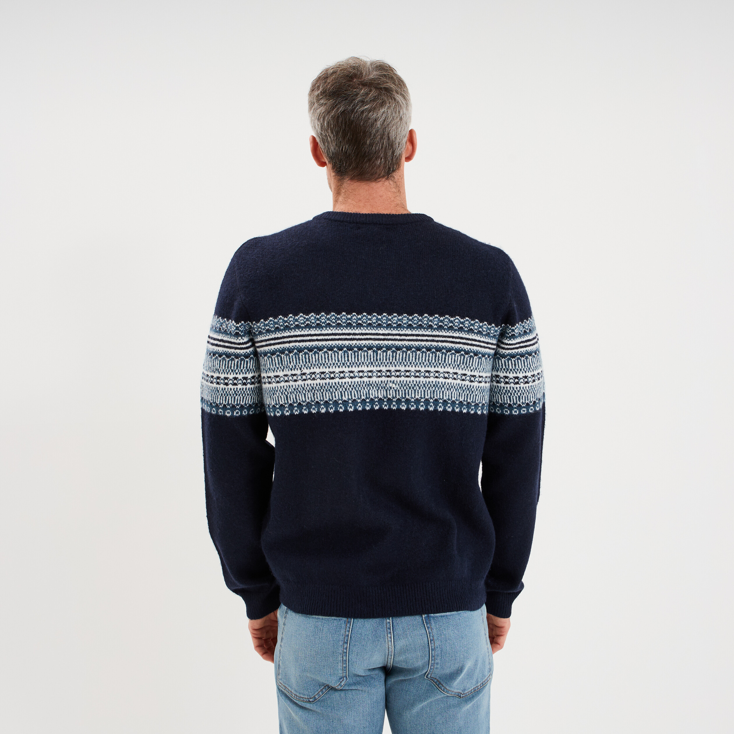 Pull jacquard col rond manches longues bleu fonc&eacute; homme