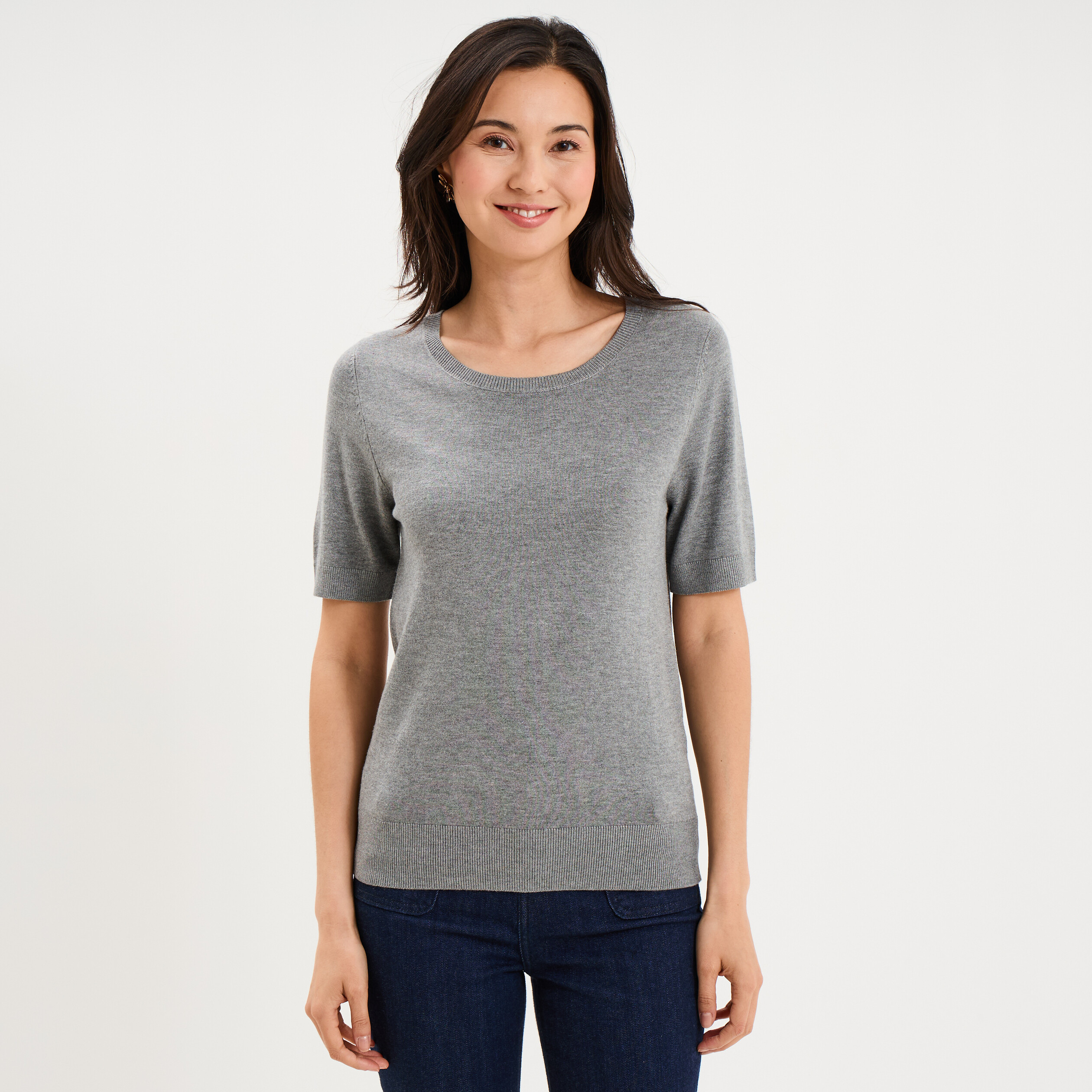 Pull manches courtes col rond gris femme