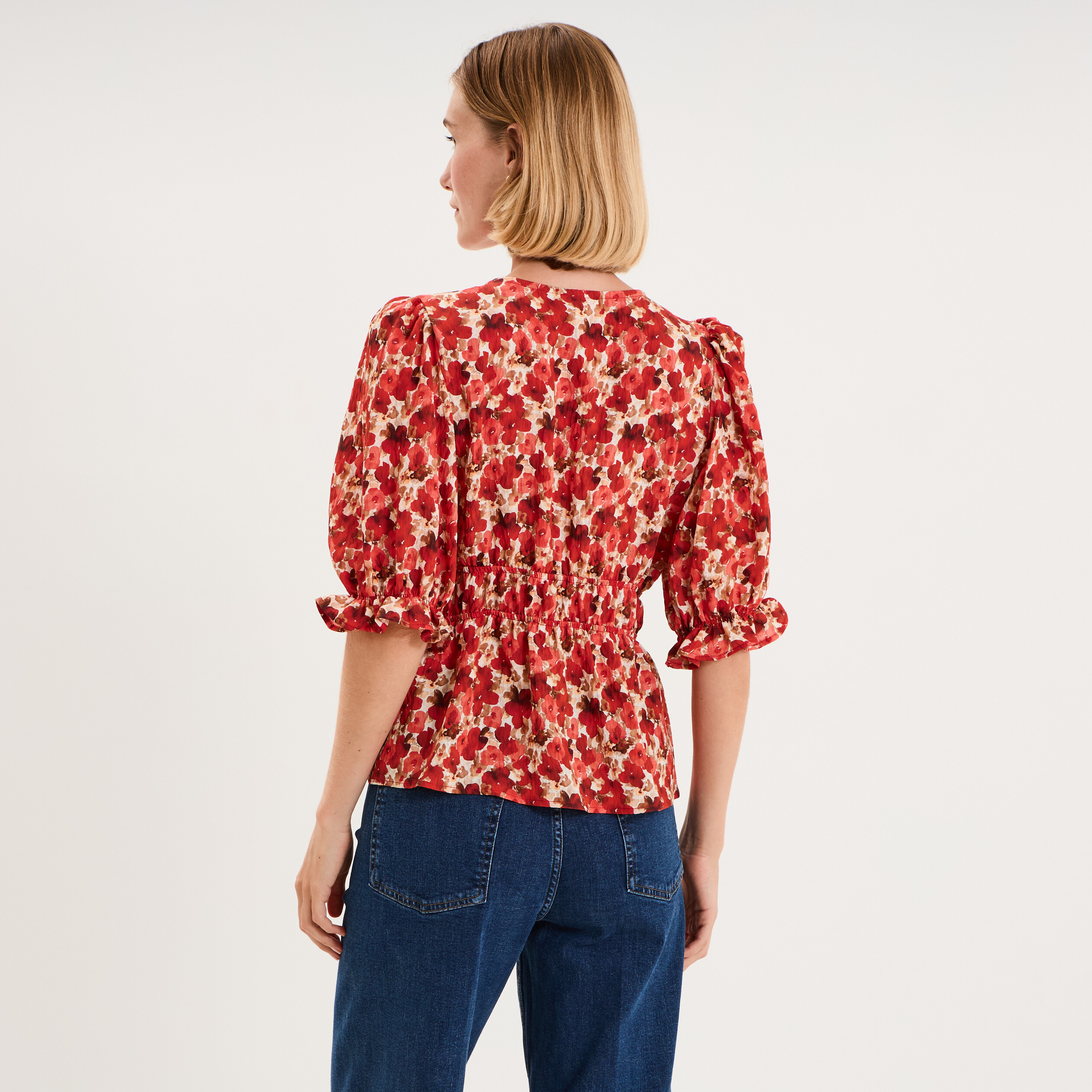Blouse smok&eacute;e manches 3/4 col V rouge coquelicot femme