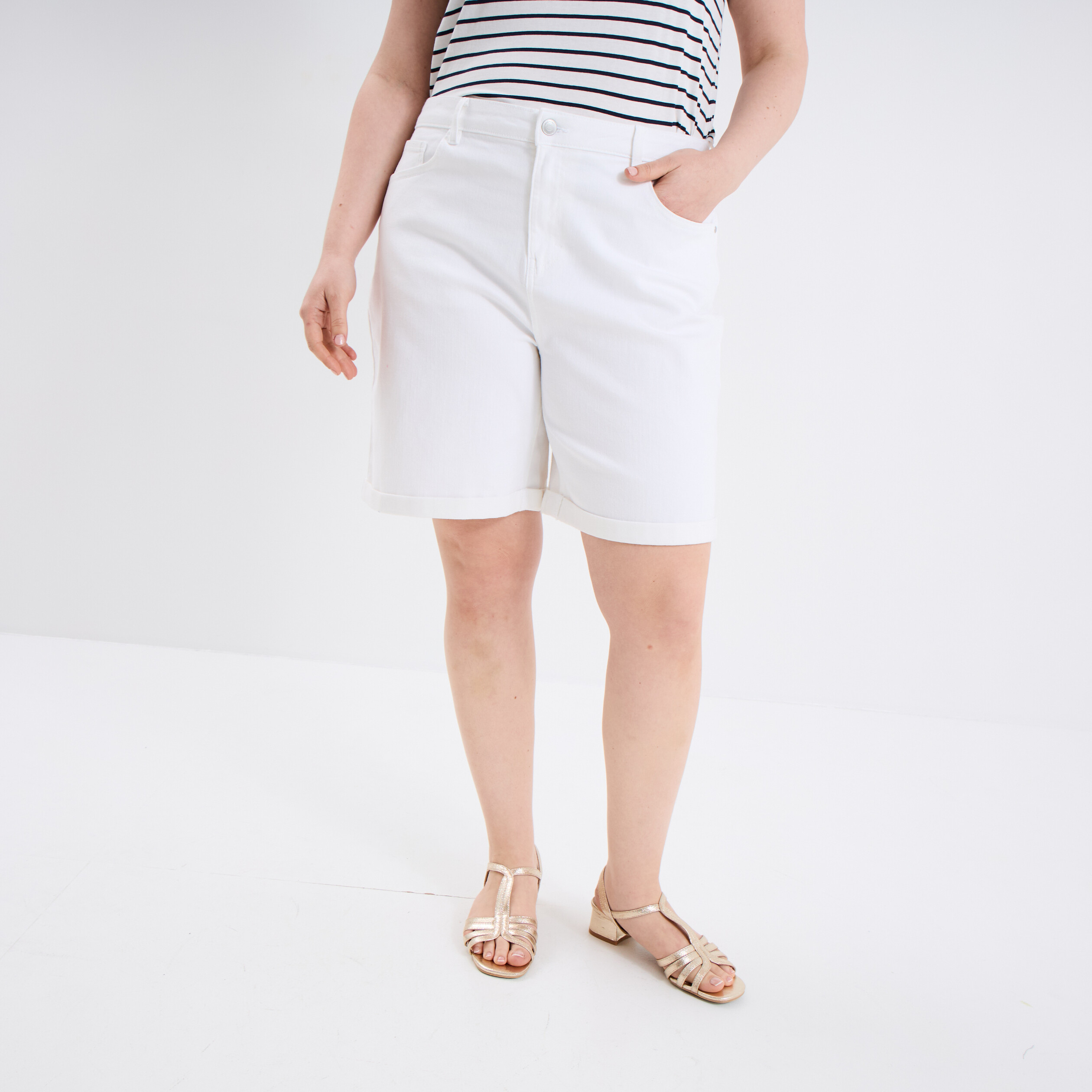 short en jean large 5 poches denim blanc femmegt Short en jean large 5 poches denim blanc femme grande taille