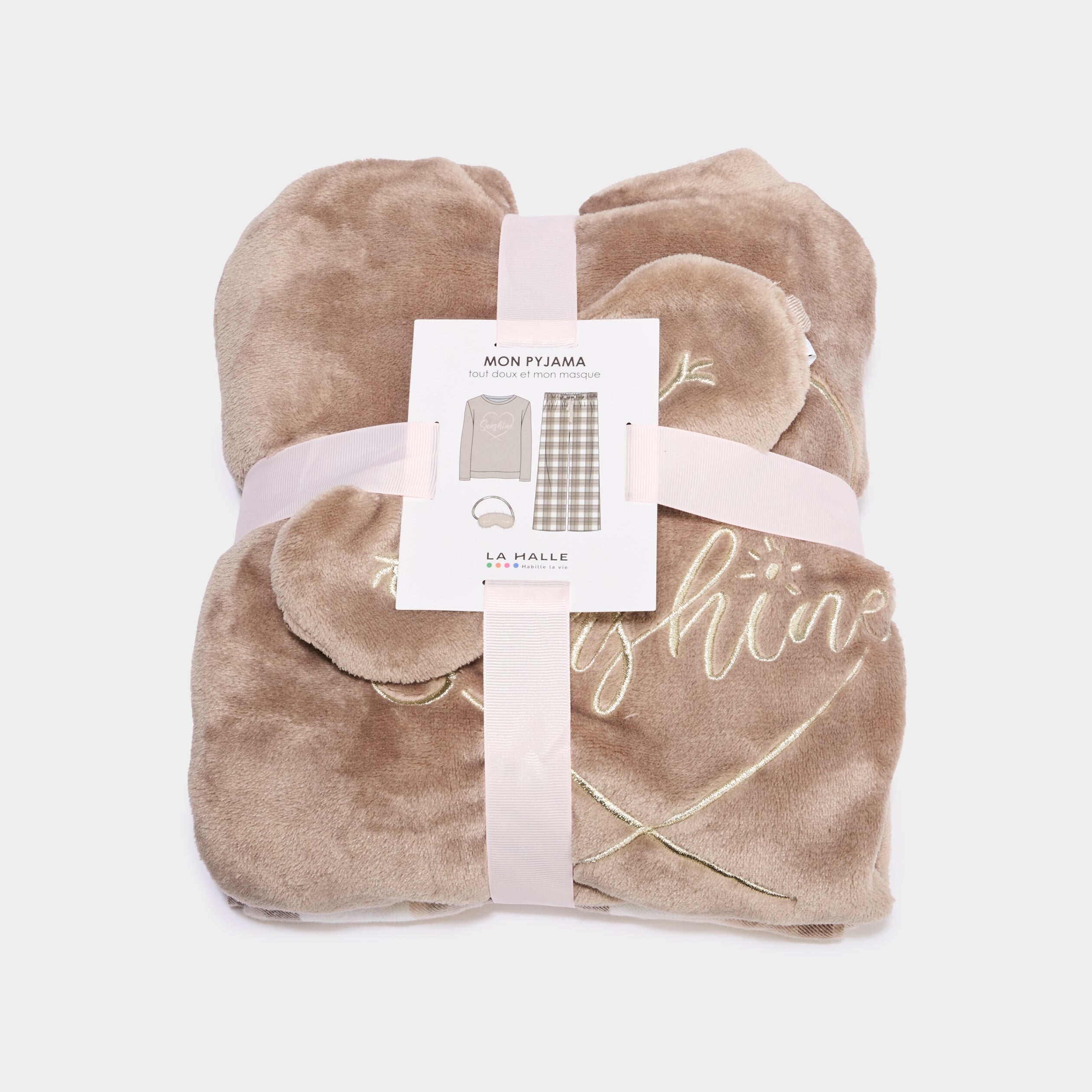 Ensemble pyjama effet polaire 3 pi&egrave;ces beige femme