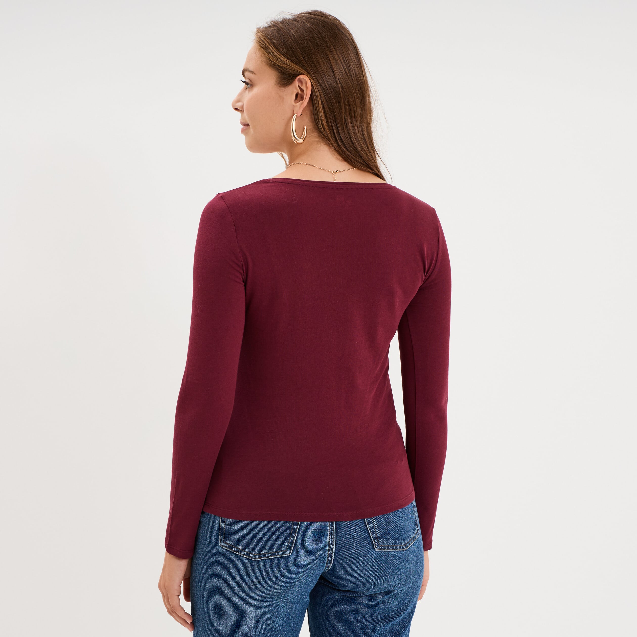 T-shirt coton col rond manches longues bordeaux femme
