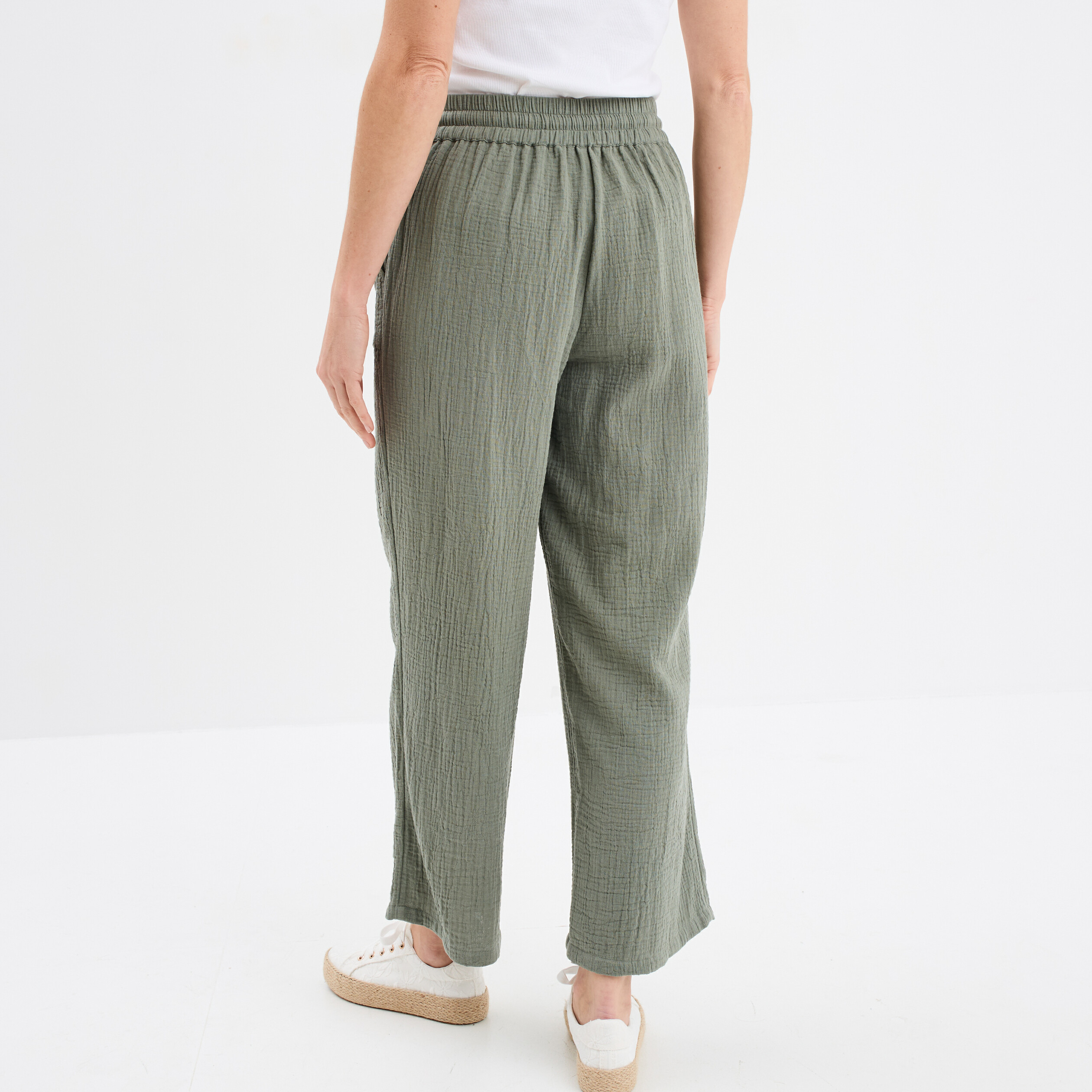 pantalon fluide elastique gaze de coton vert kaki femme Pantalon fluide élastiqué gaze de coton vert kaki femme
