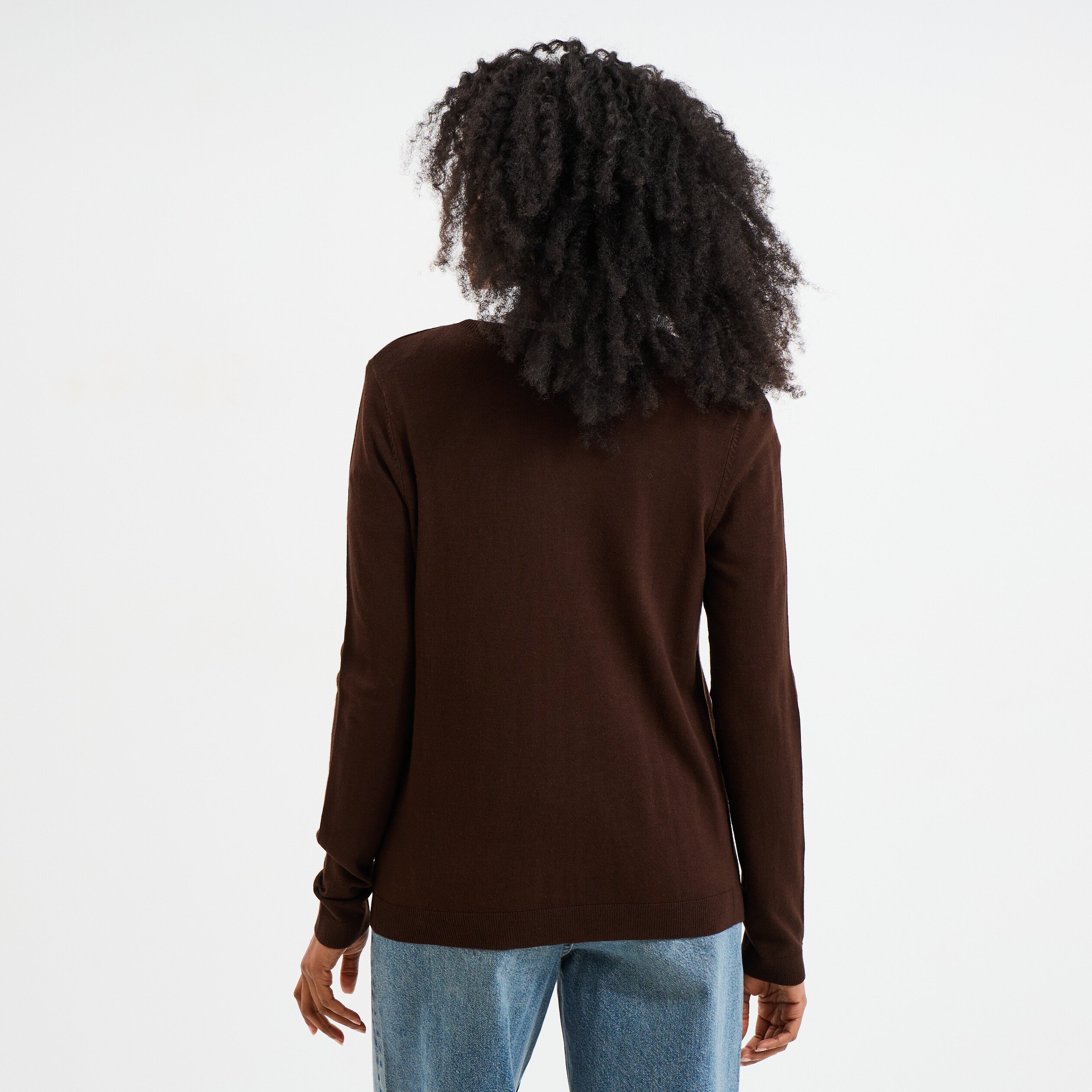 Gilet col rond manches longues marron foncé femme