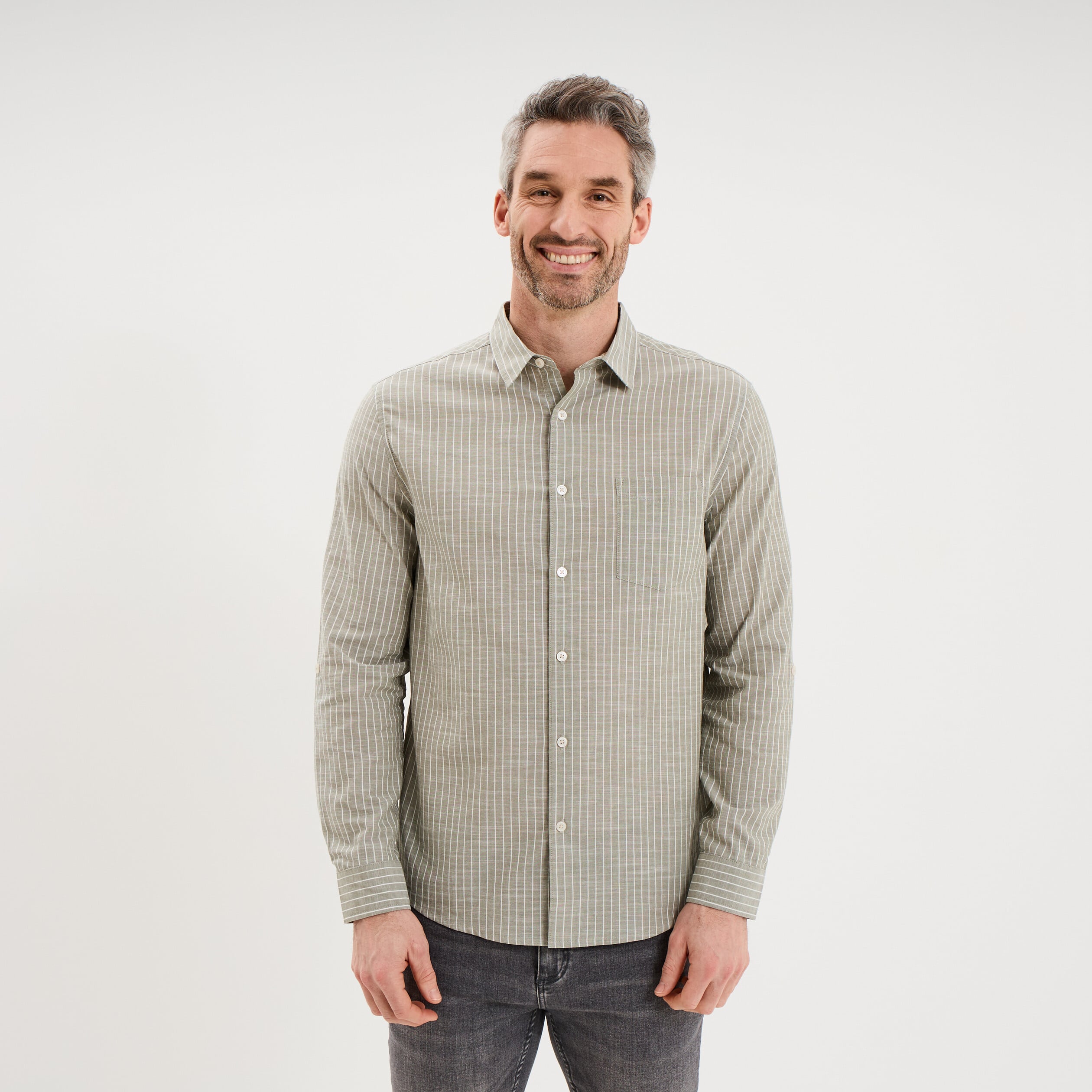 Chemise manches longues coton vert kaki homme