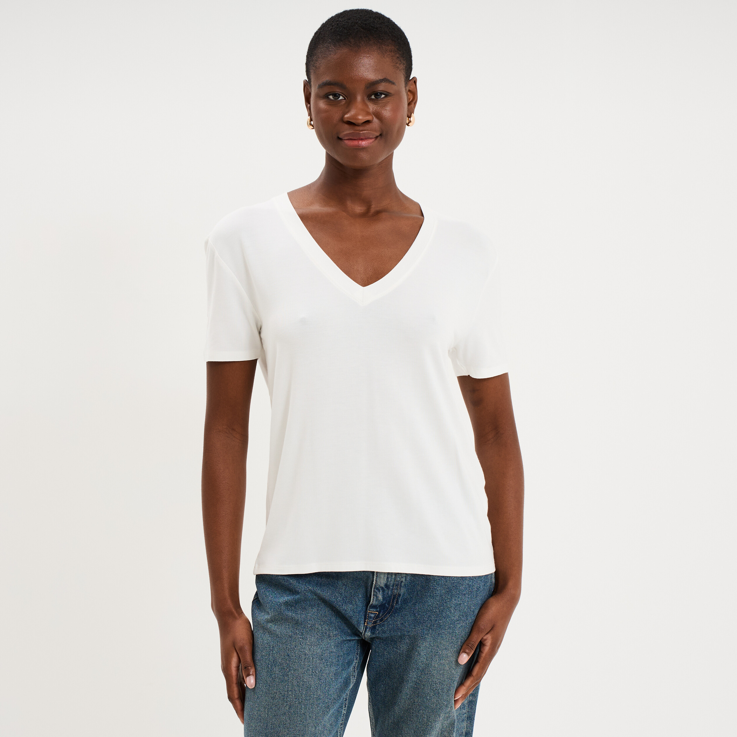 T-shirt fluide col en V manches courtes blanc femme