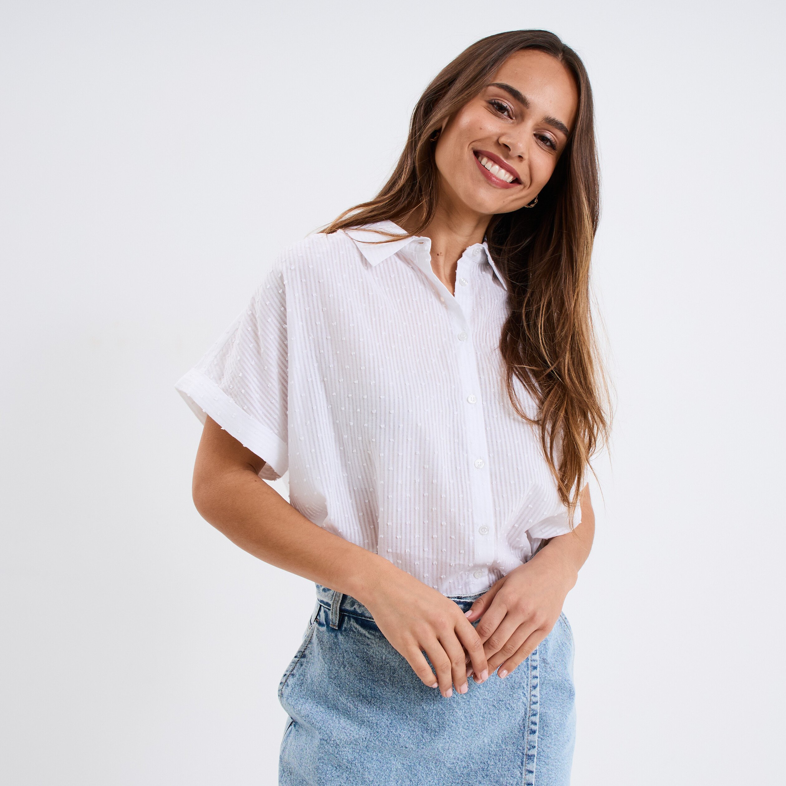 chemise plumetis manches courtes coton blanc femme Chemise plumetis manches courtes coton blanc femme