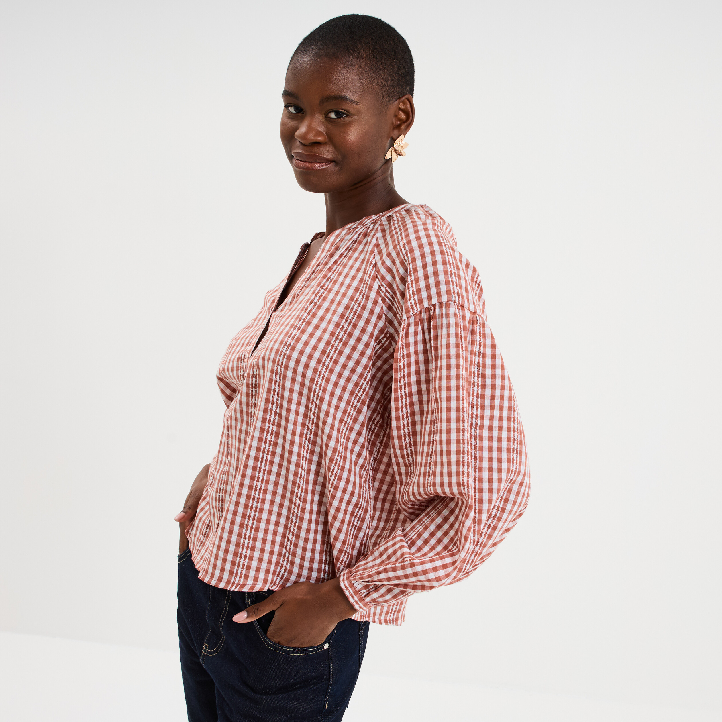 Blouse oversize col tunisien coton terracotta femme