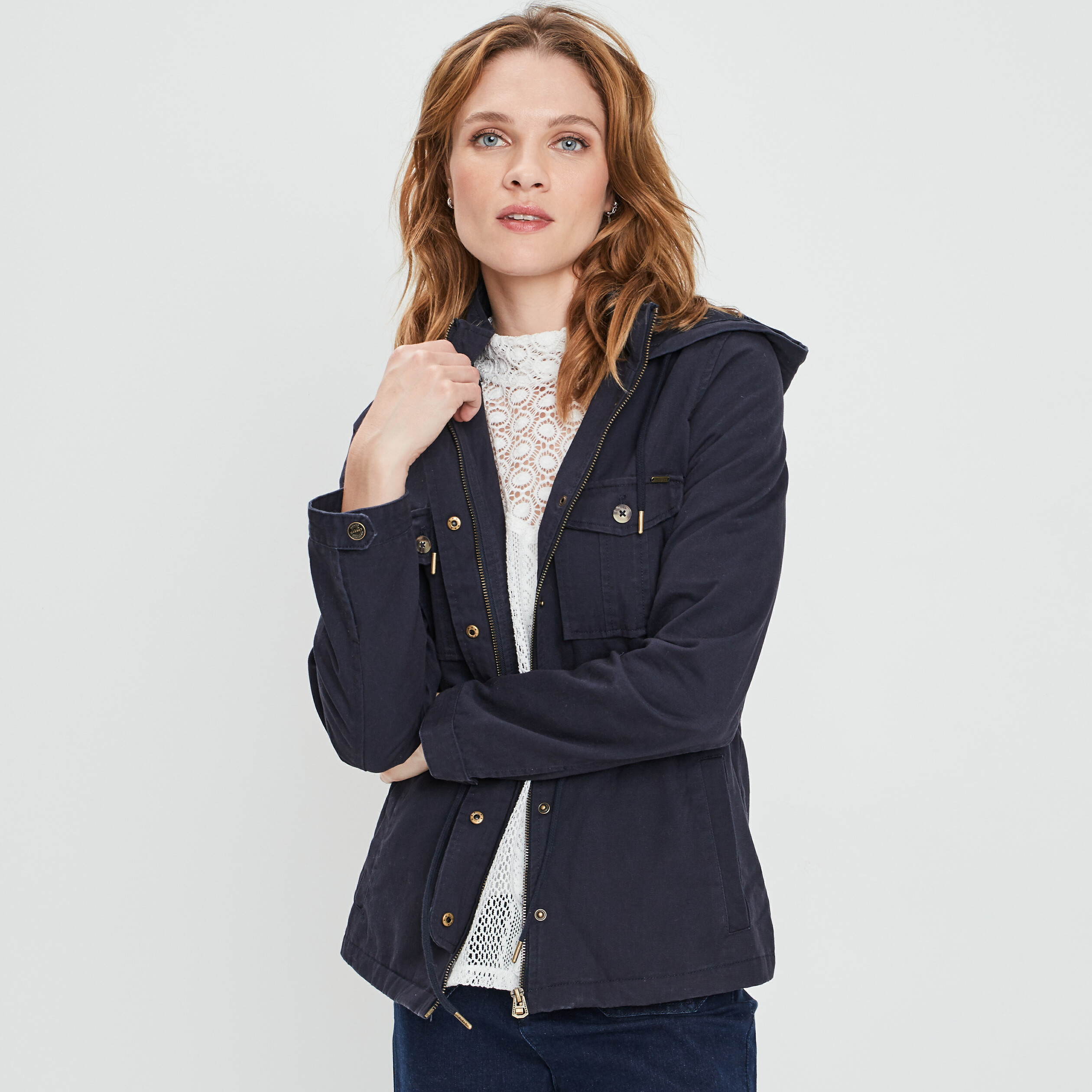 blouson droit a capuche bleu marine femme Blouson droit à capuche bleu marine femme