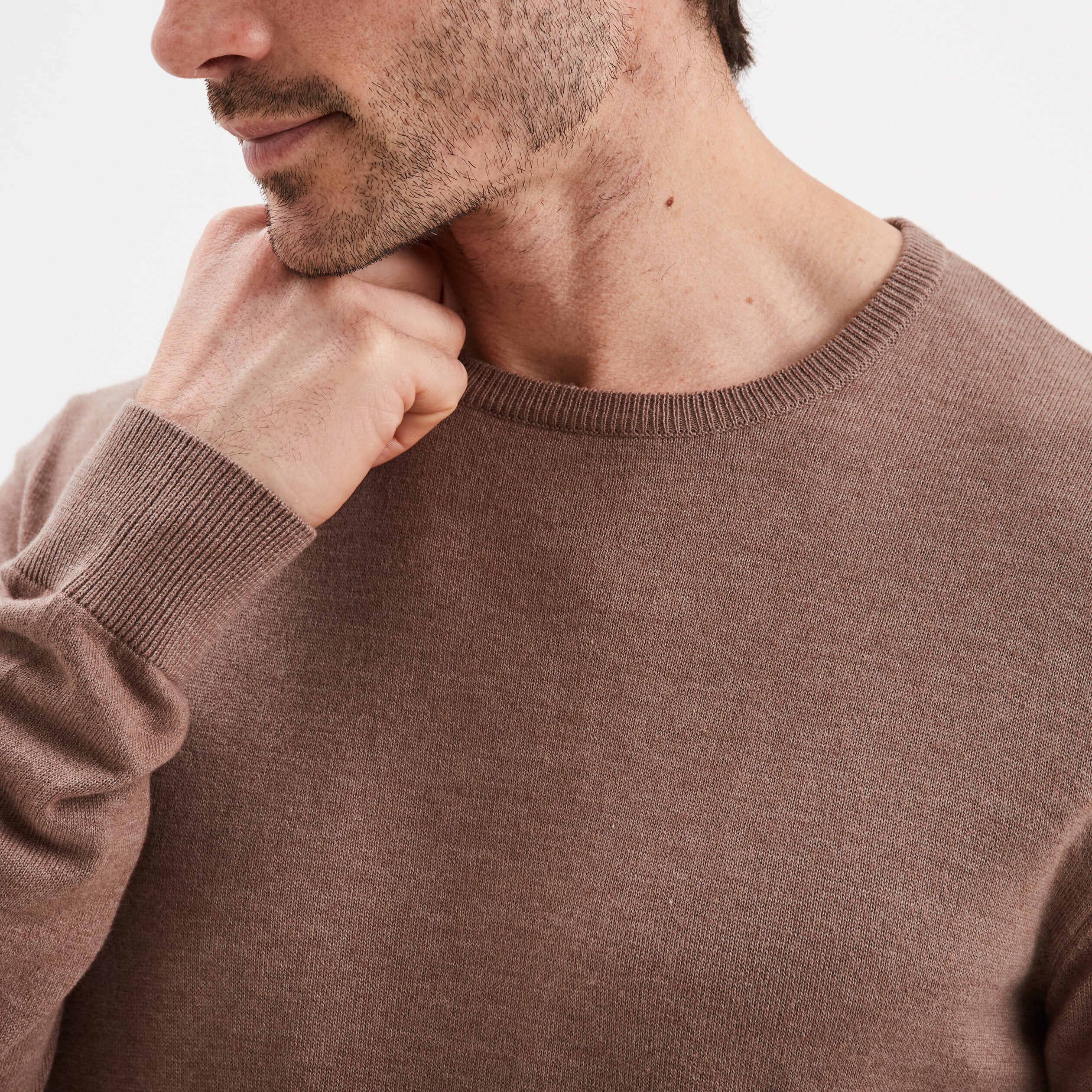 Pull droit col rond coton m&eacute;lang&eacute; gris homme