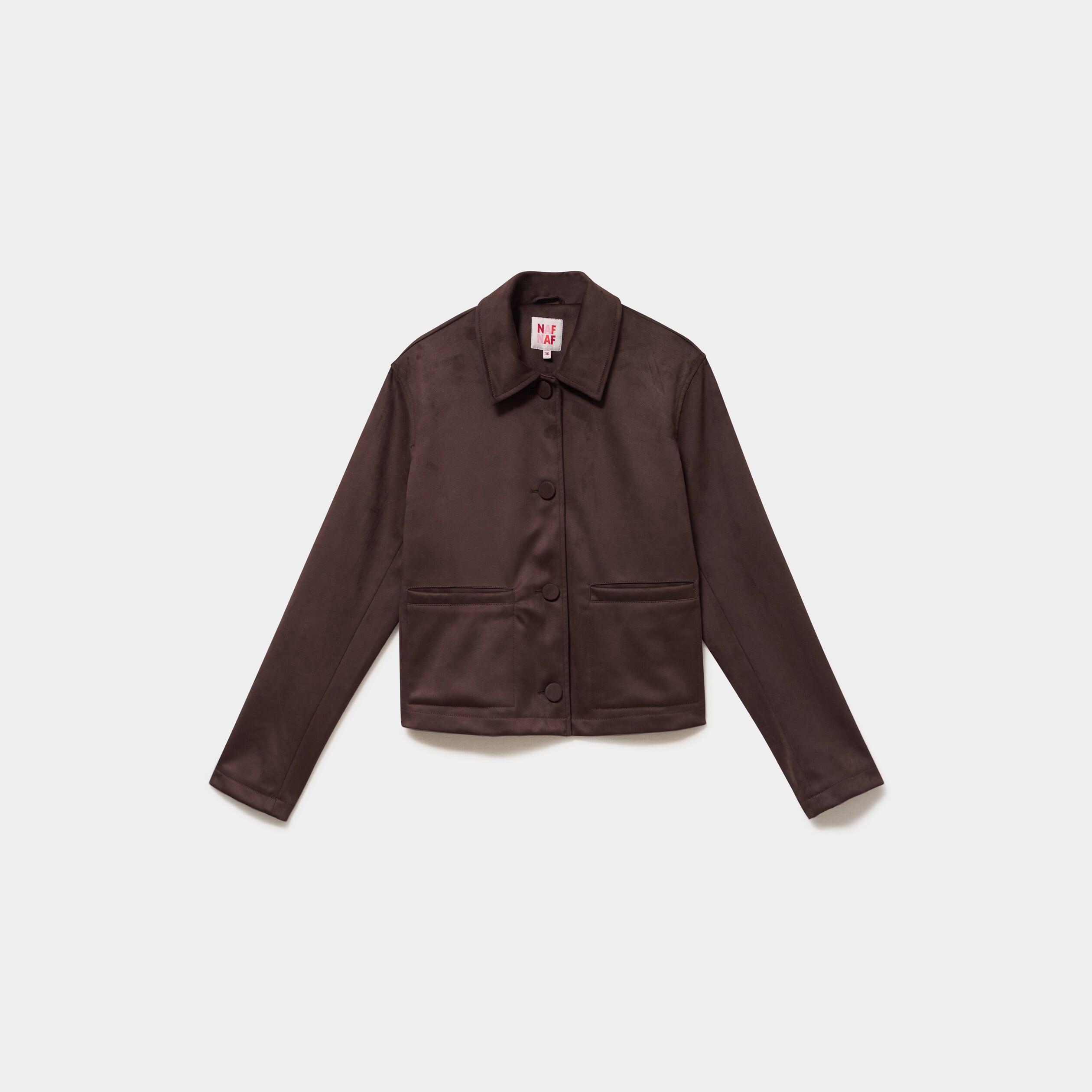 Veste courte effet su&eacute;dine boutonn&eacute;e marron fonc&eacute; femme