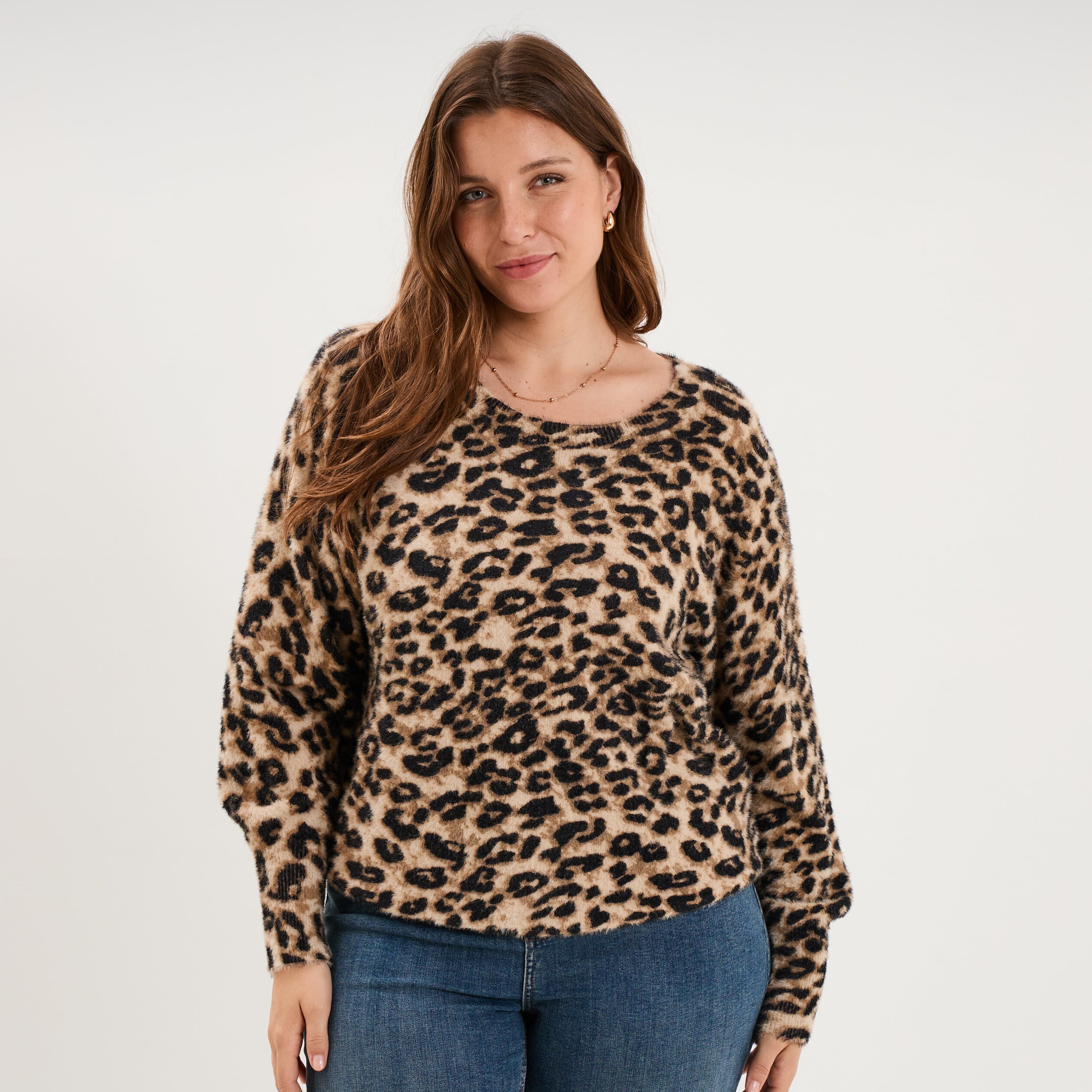 Pull manches longues col rond beige femme grande taille