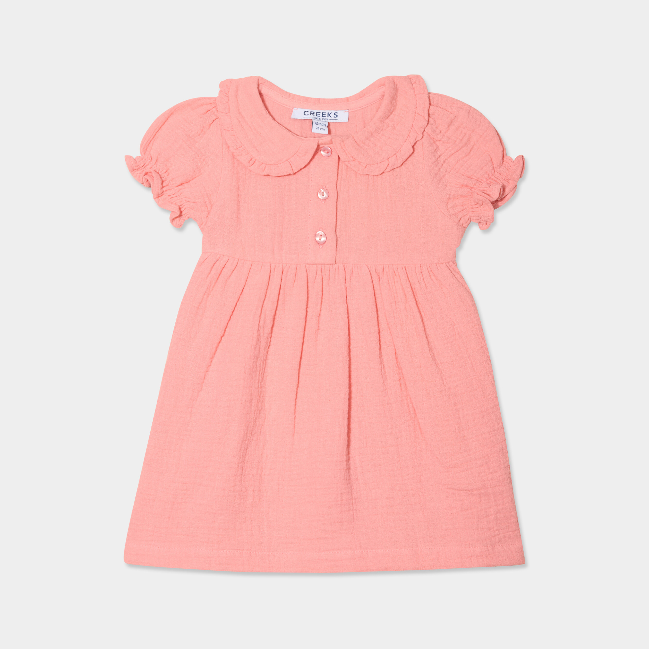 Robe col claudine gaze de coton rose corail bébé fille