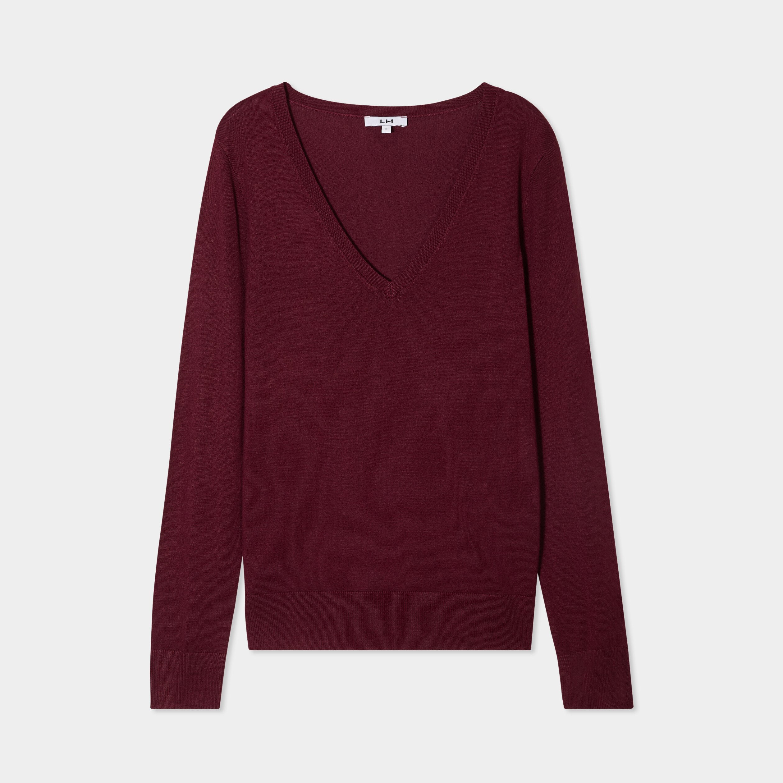 Pull col en V manches longues bordeaux femme
