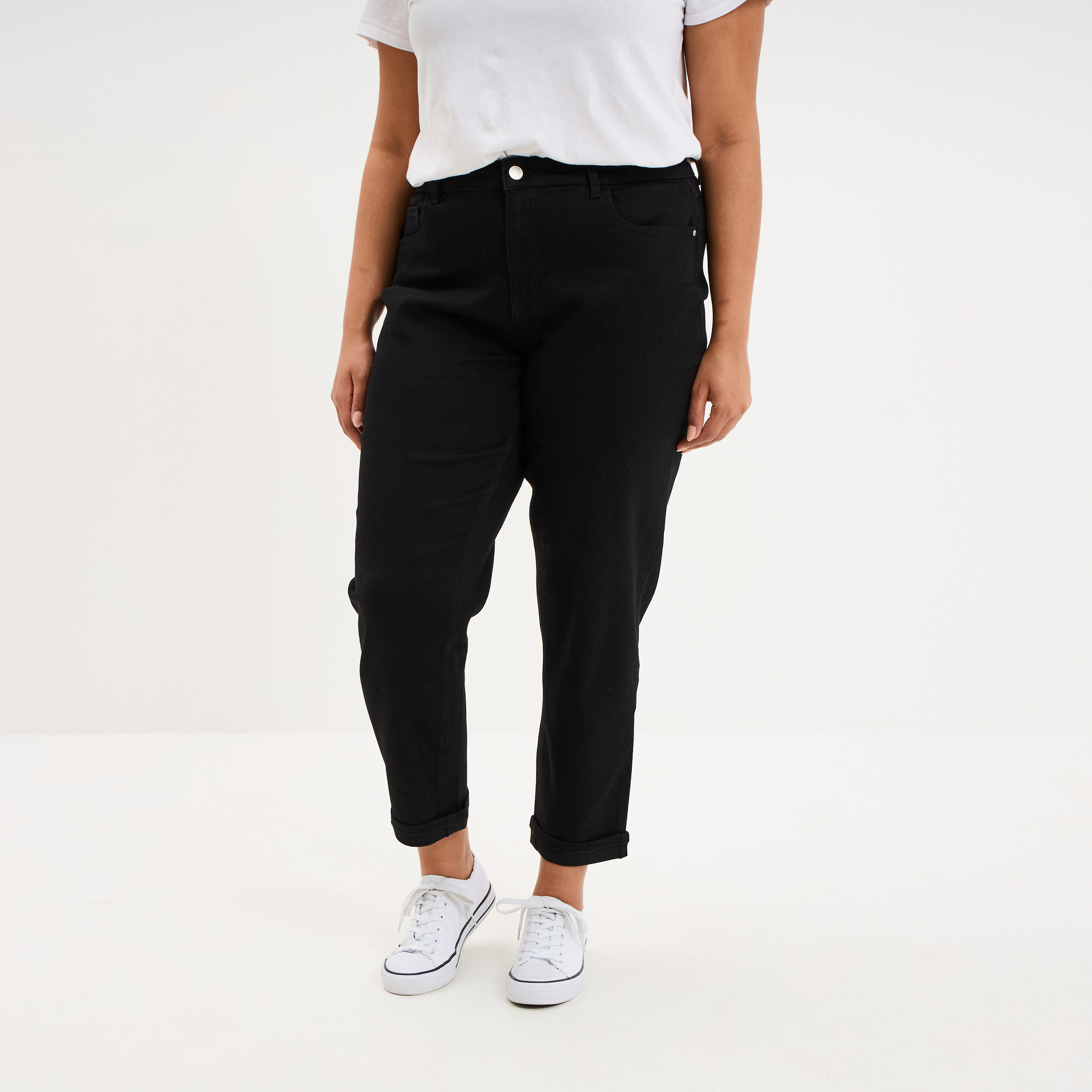 Jeans mom cropped taille haute denim noir femme grande taille