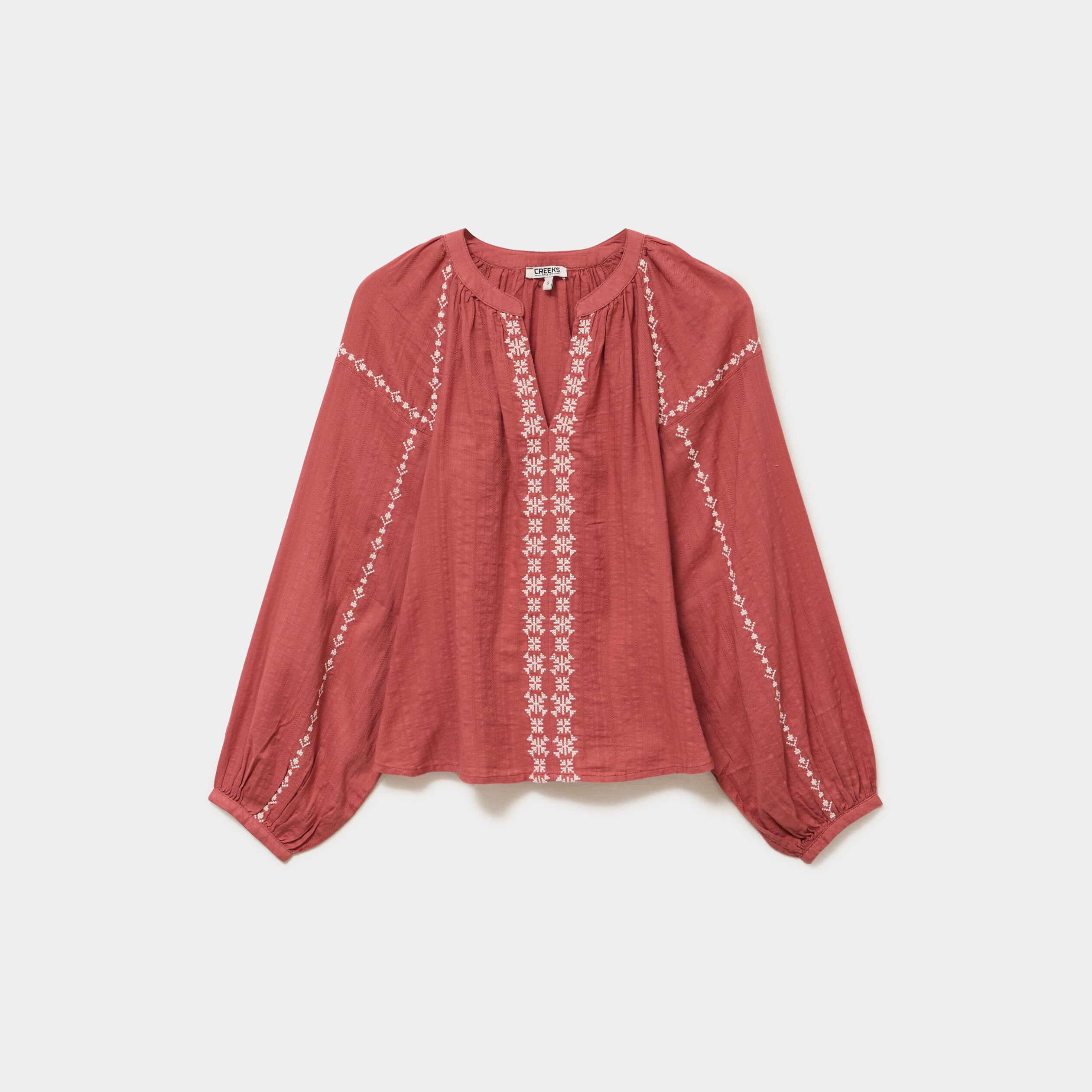 Blouse brod&eacute;e manches longues coton vieux rose femme