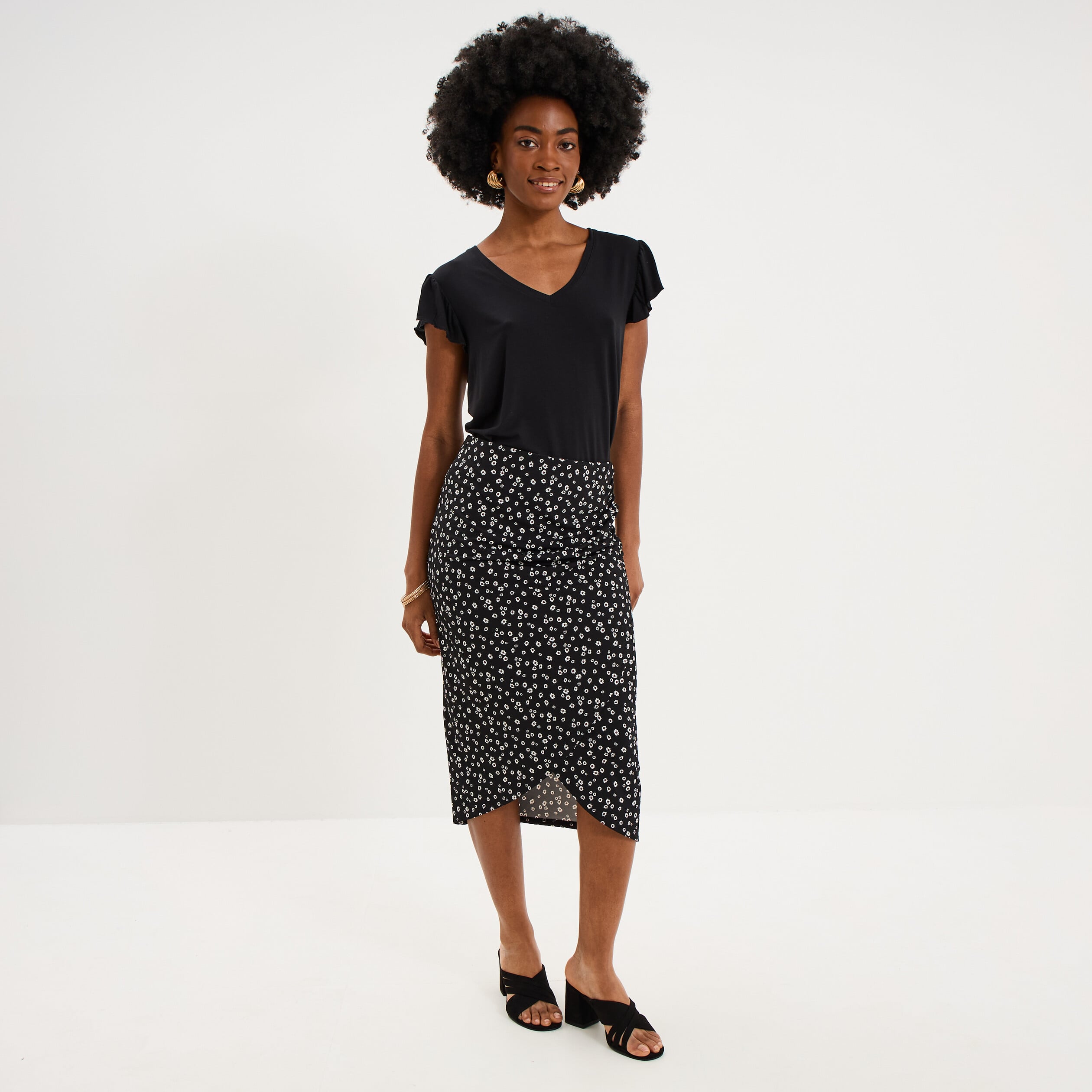 Jupe longue portefeuille stretch noir femme
