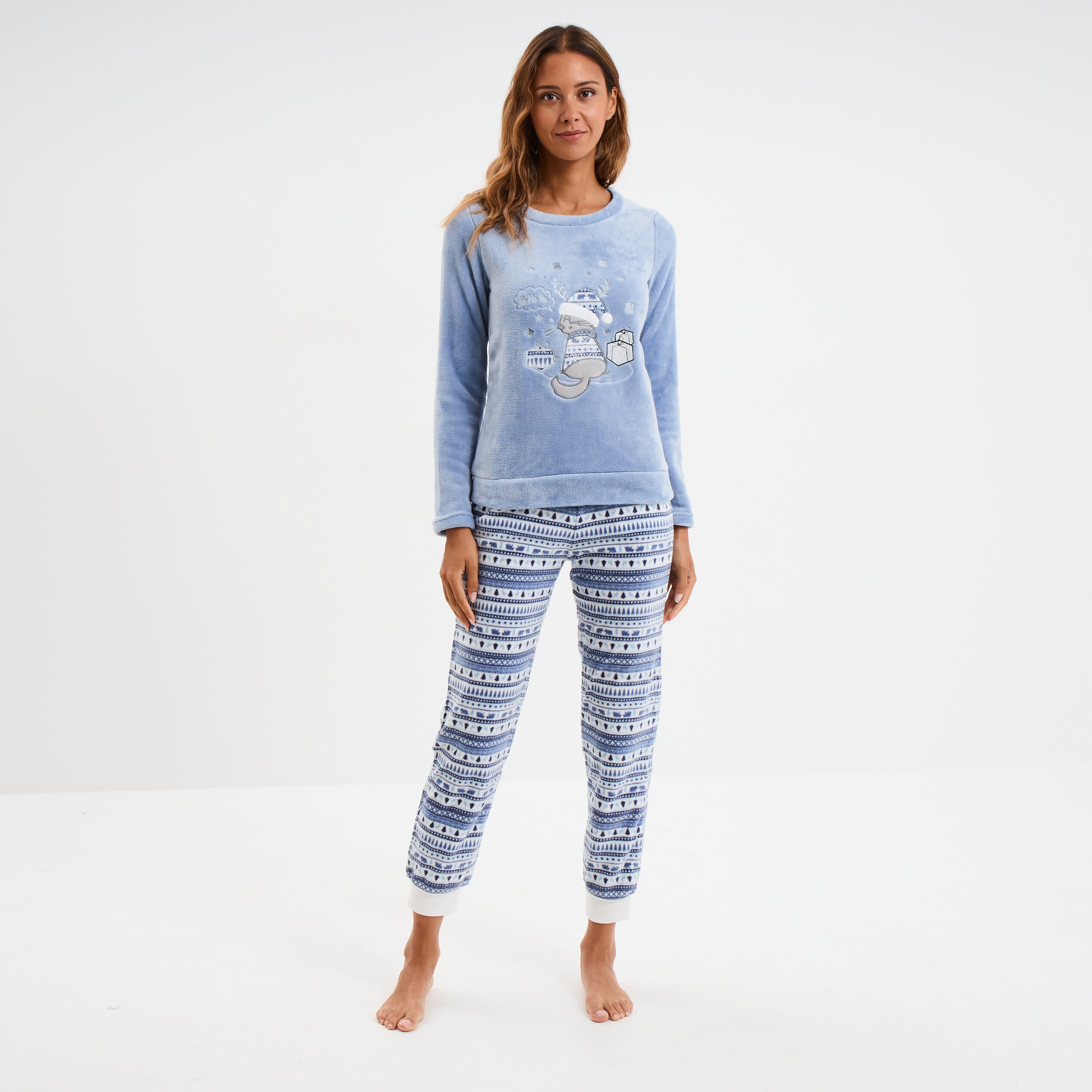 Ensemble pyjama pantalon effet velours bleu clair femme