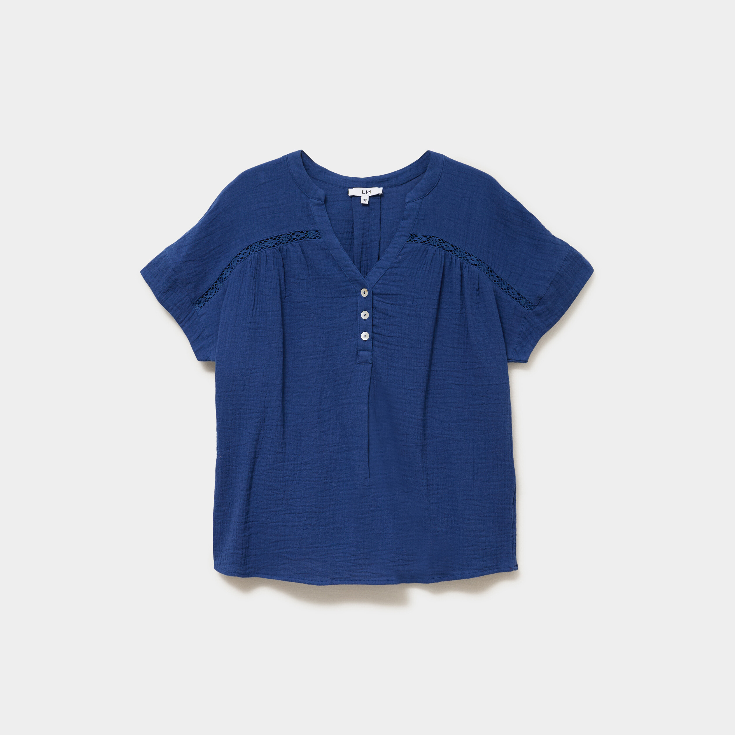Blouse Col tunisien gaze de coton bleu marine femme