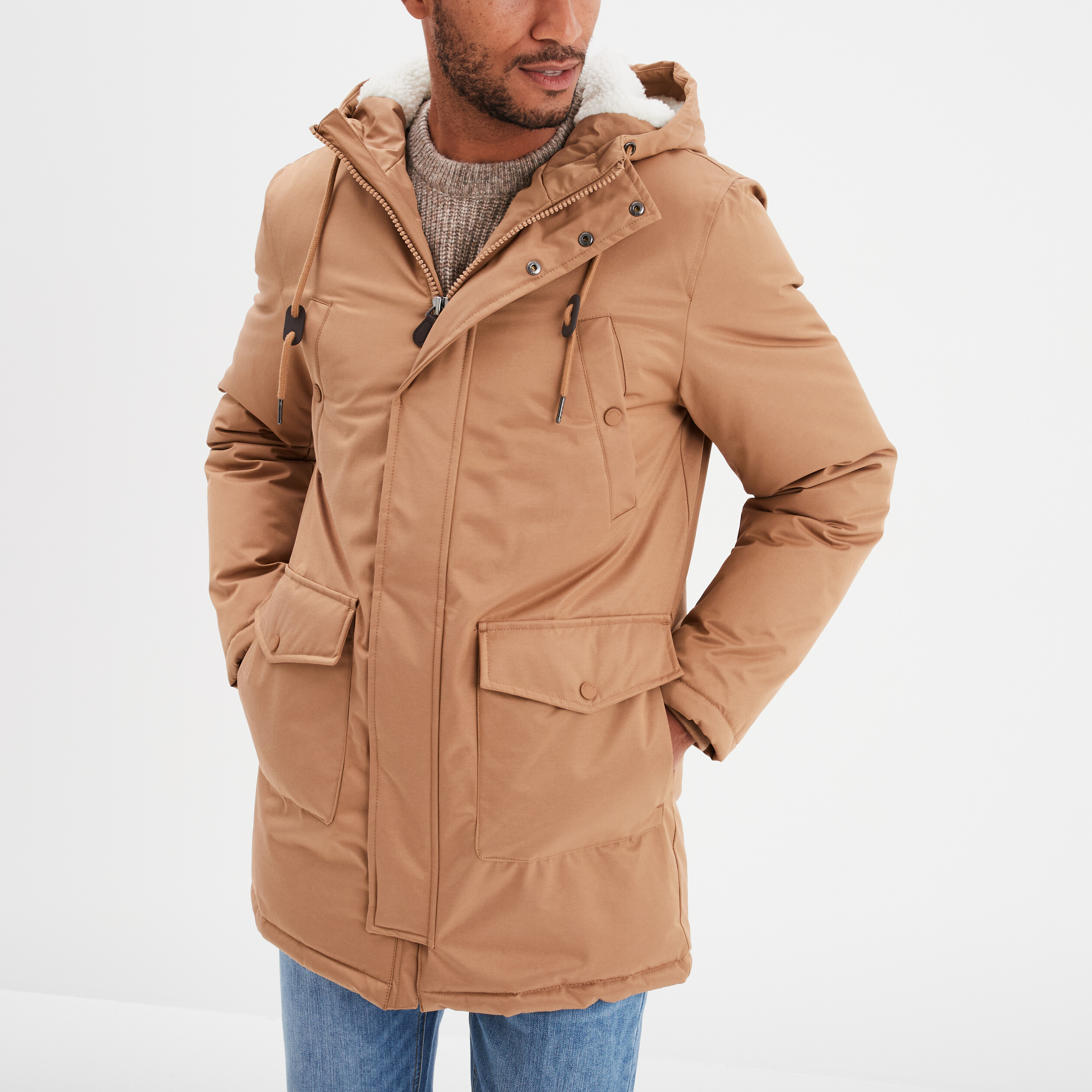 Parka mi-longue doublée à capuche taupe homme