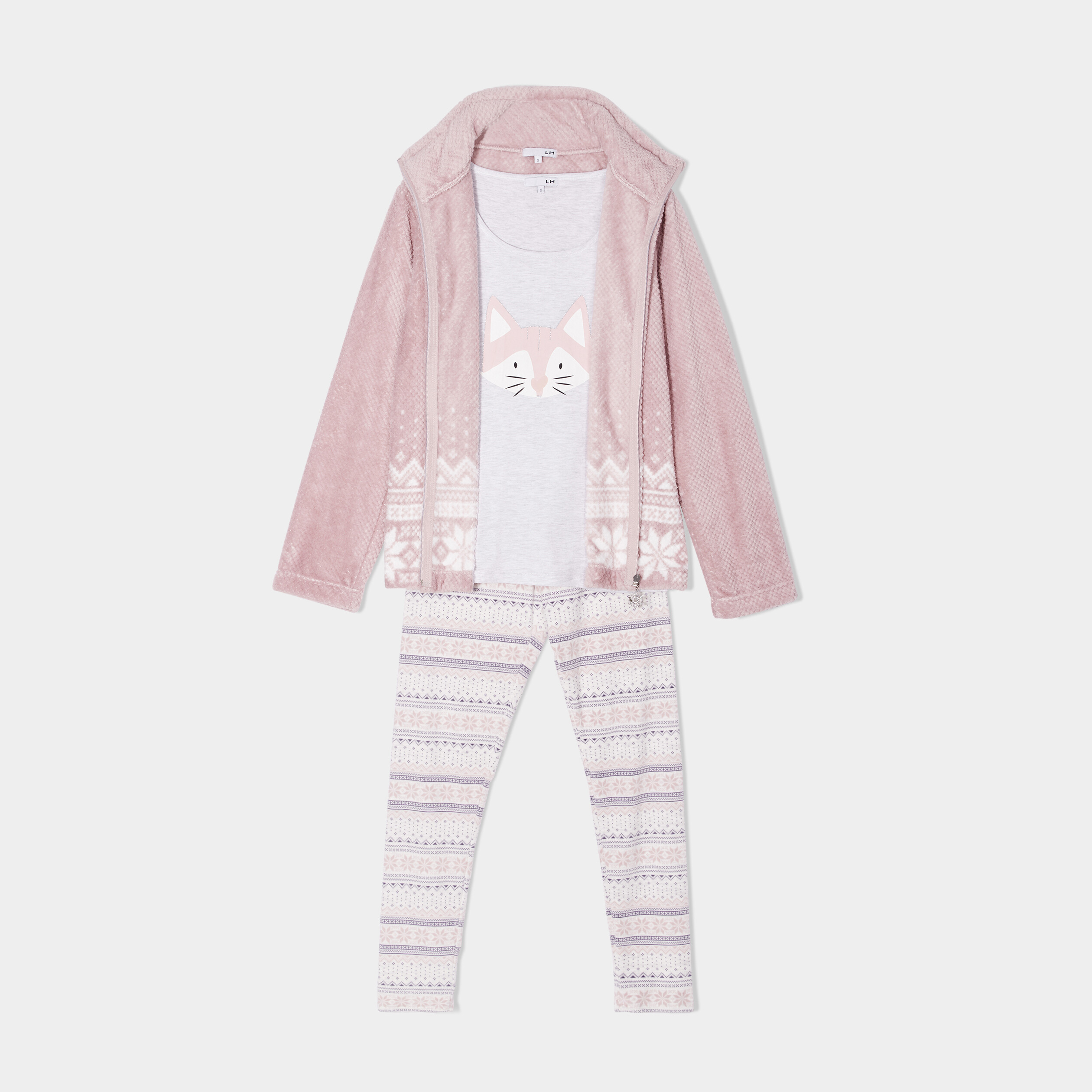 Ensemble pyjama gilet 3 pièces pilou rose pastel femme