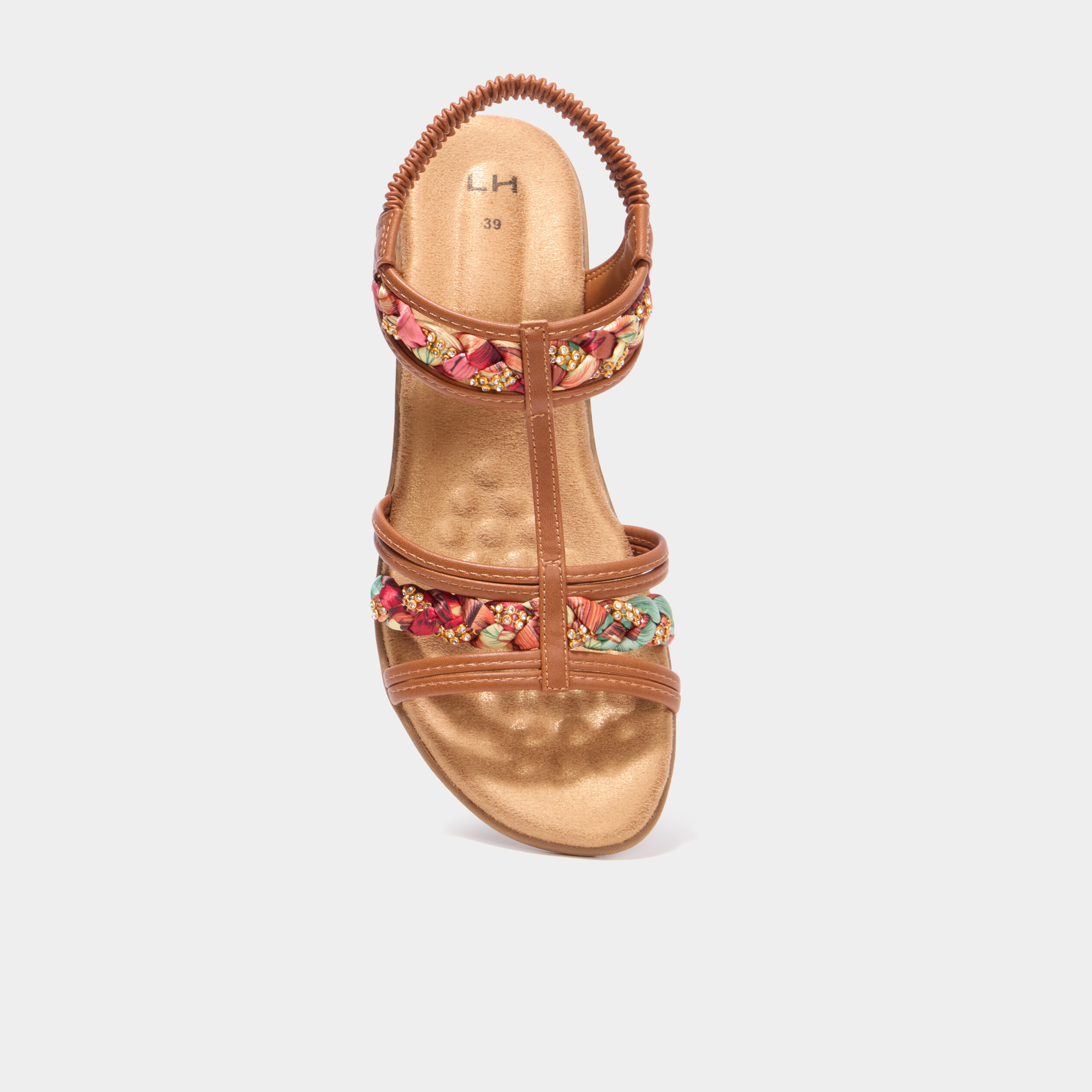 Sandales compens&eacute;es d&eacute;tails bijoux marron femme