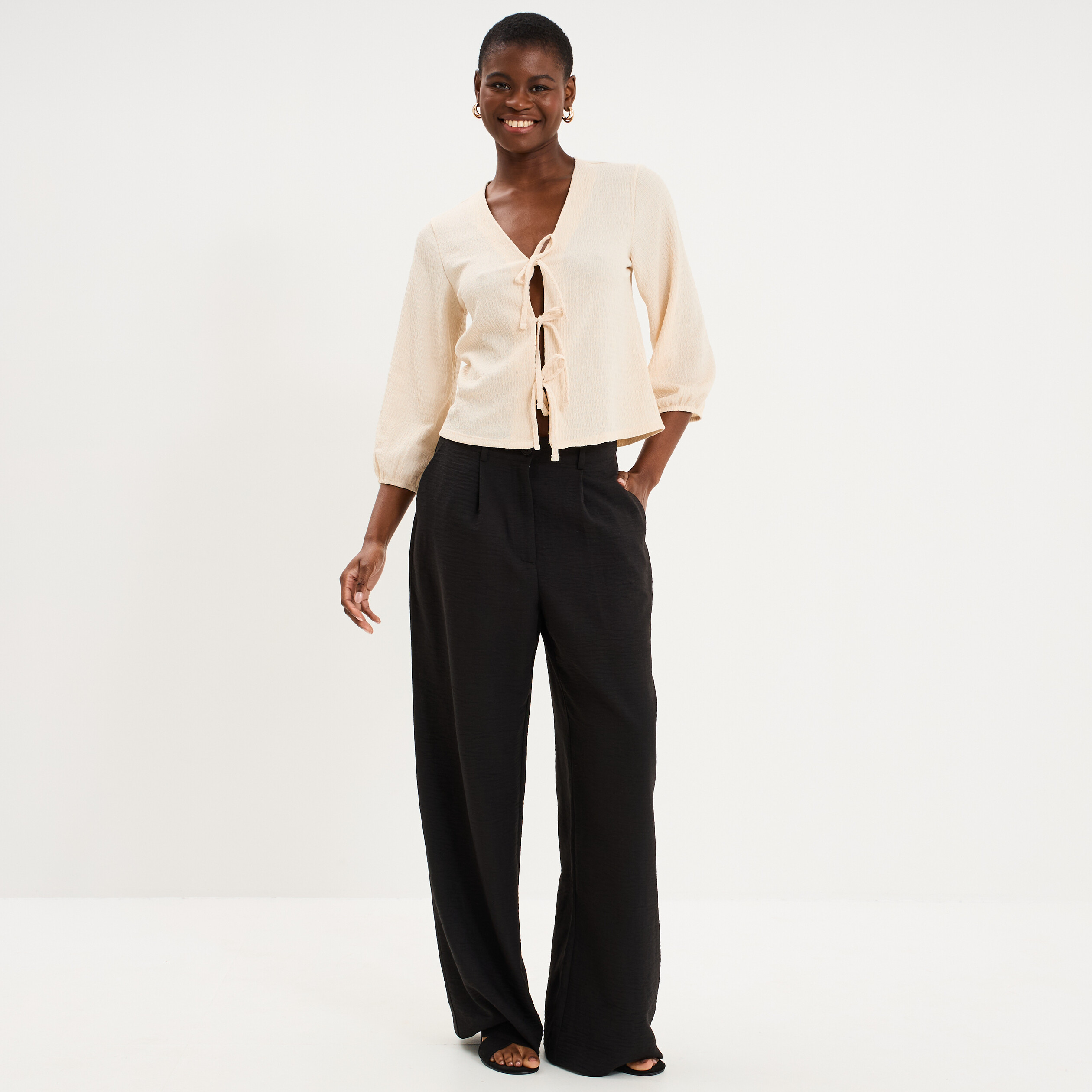 Blouse nou&eacute;e devant manches 3/4 sable femme