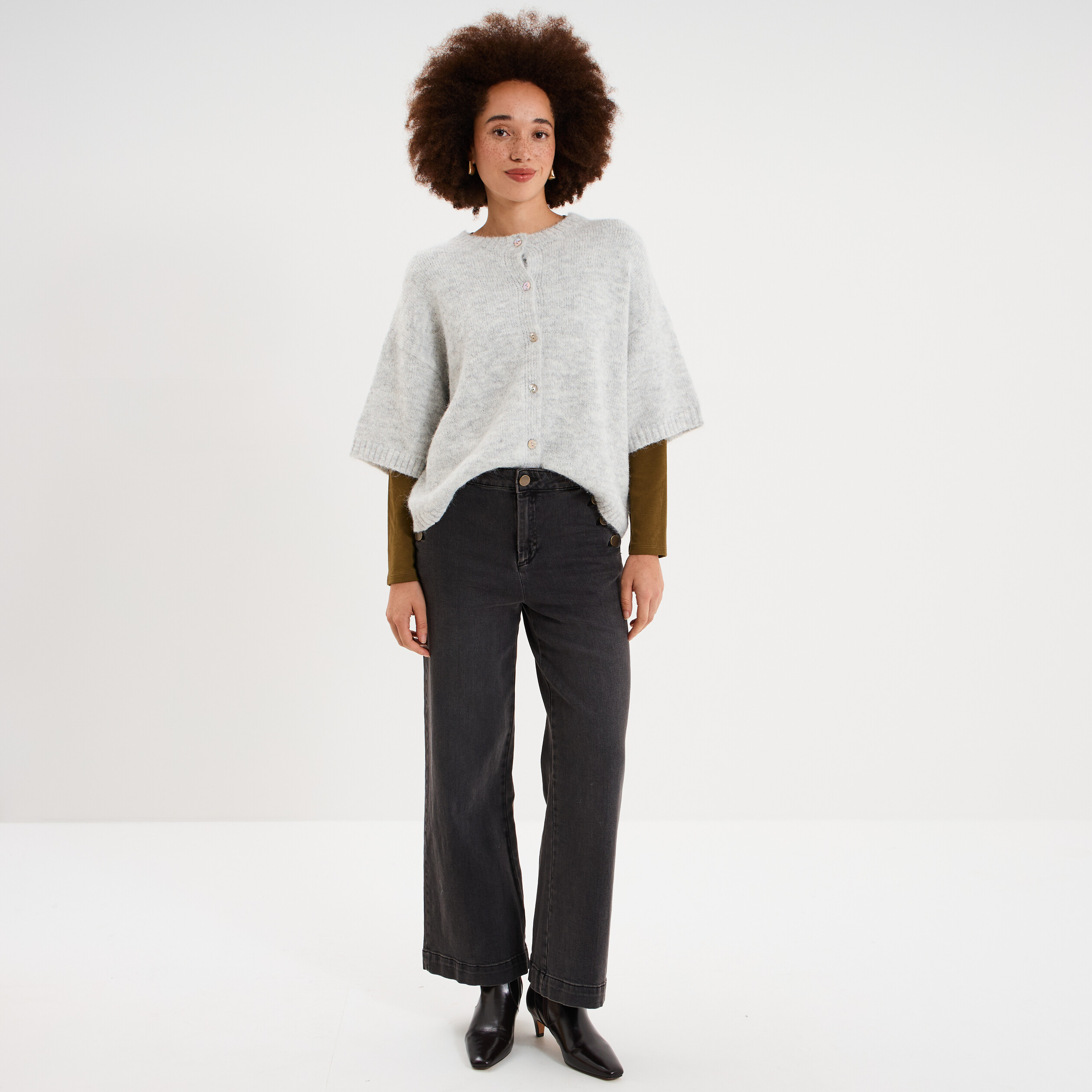 Jean large cropped &agrave; pont taille haute denim noir femme